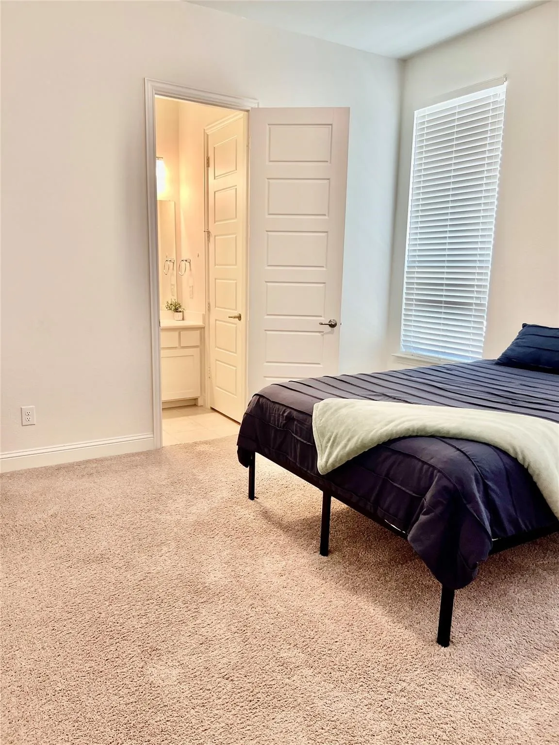 Plush carpeted room featuring a white paneled door, a tall window with blinds, and an attached bathroom with a vanity and wall-mounted light fixture