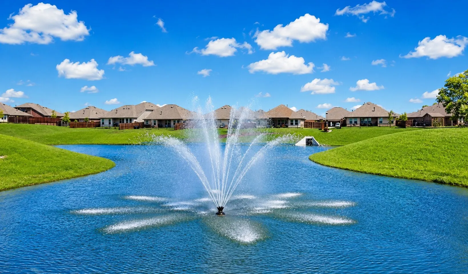 Decorative water feature with a central fountain, surrounded by manicured green space