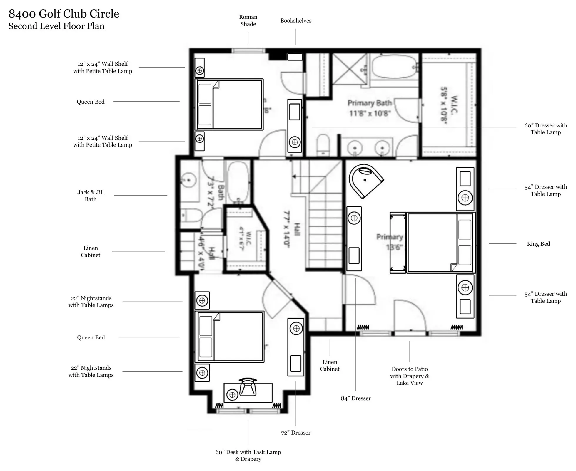 Floor plan, second floor, with furniture layout.