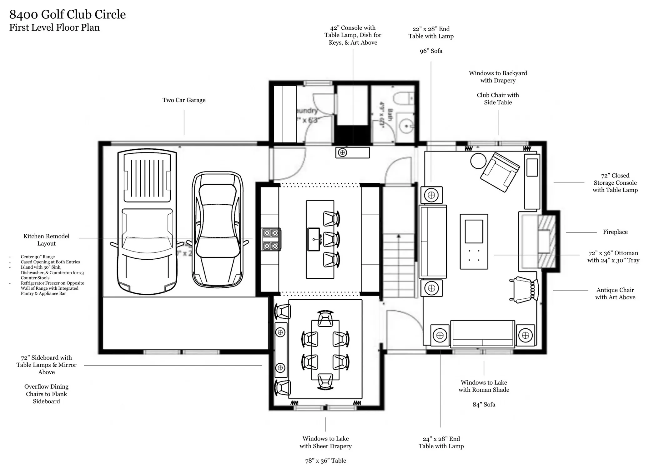 Floor plan, first floor, with furniture and potential kitchen remodel.