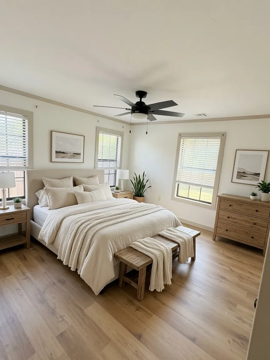Spacious bedroom virtually staged featuring wood-finish flooring, multiple windows with blinds, crown molding, and a ceiling fan with integrated lighting
