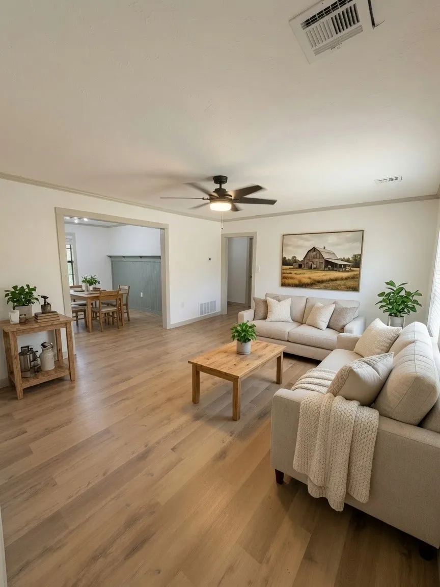 Spacious living area featuring wood-finish flooring, a modern ceiling fan with integrated lighting, and an open entryway to dining Virtually Staged