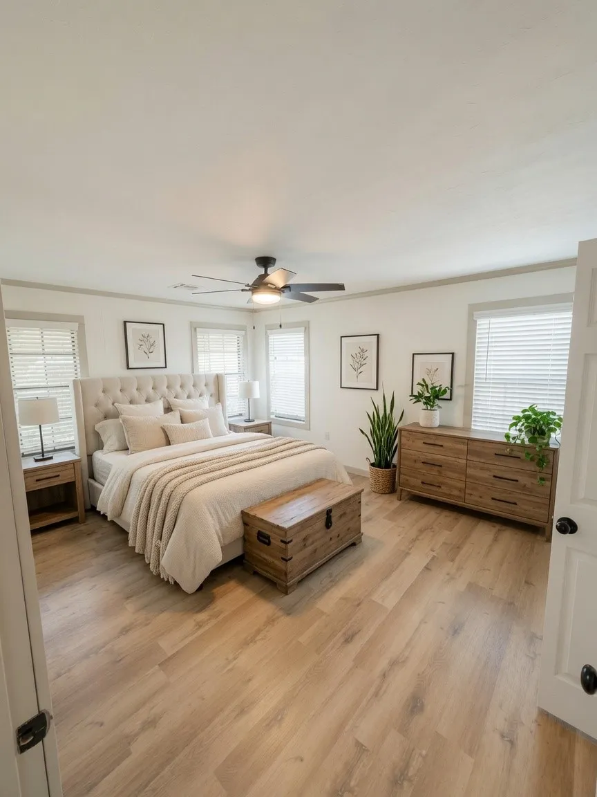 Virtually staged primary bedroom featuring wood-finish flooring, a contemporary ceiling fan, multiple windows with blinds, and light-toned wall paint