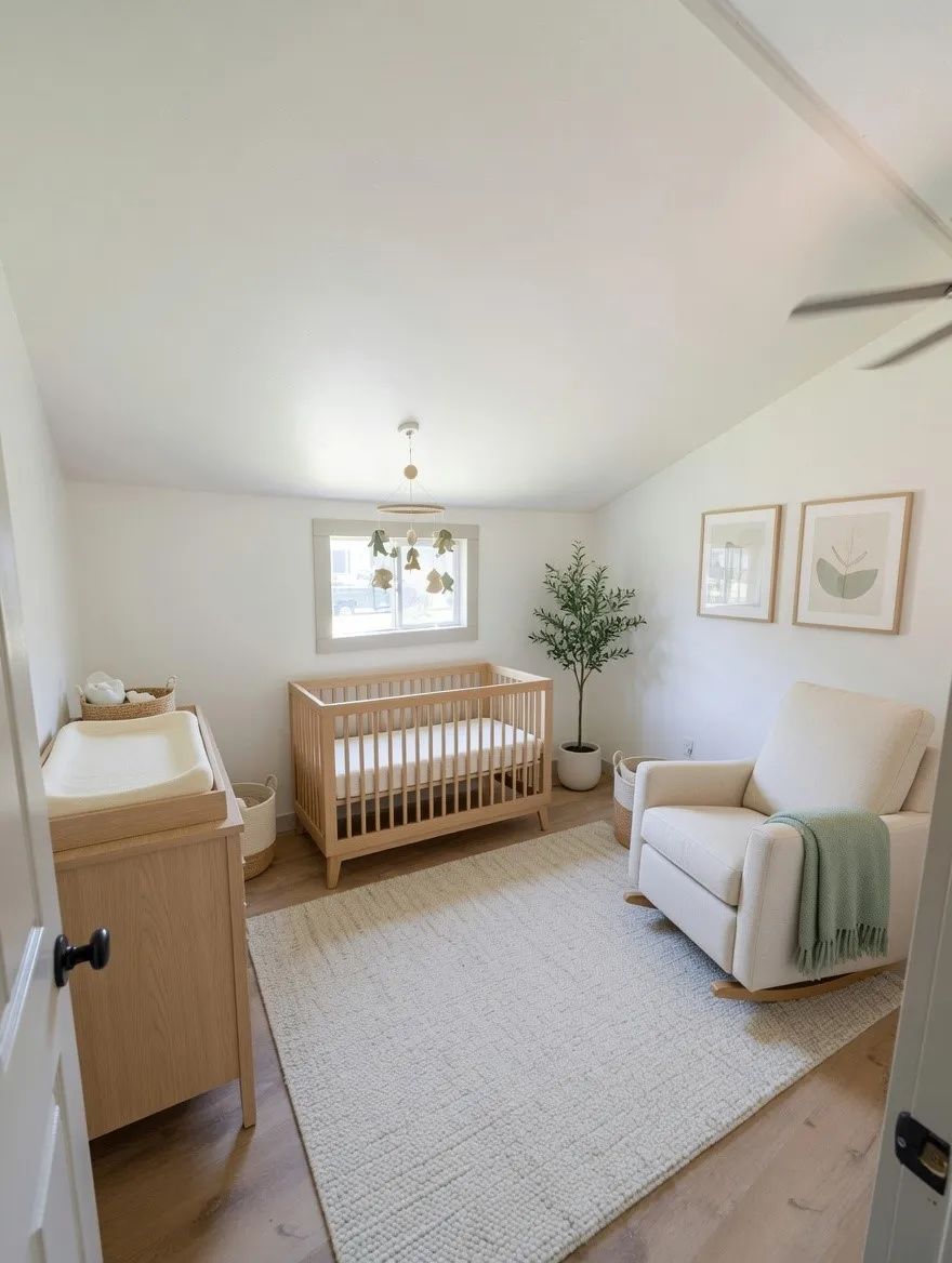 Light-filled virtually staged room featuring wood-finish flooring, a window with trim, and a ceiling fan