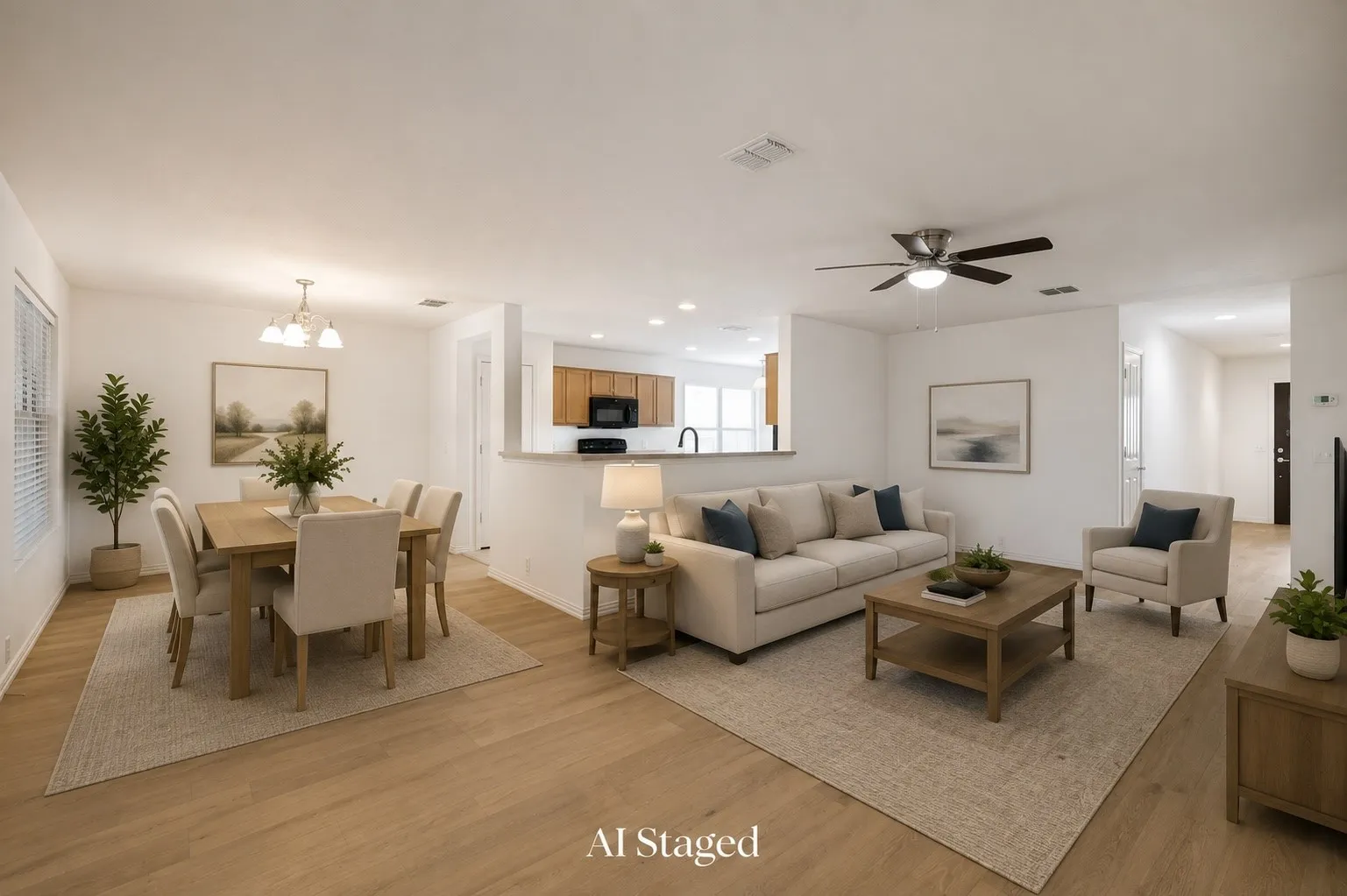 AI Staged - Open-concept living area with wood-finish flooring, recessed lighting, and a ceiling fan