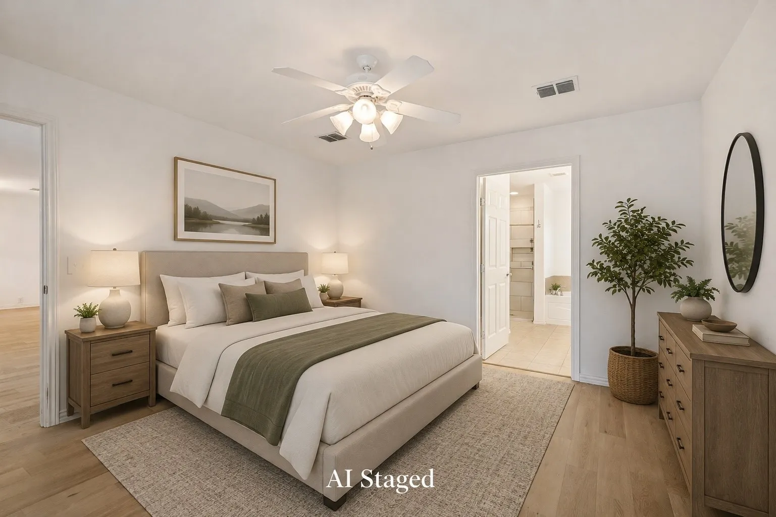 AI Staged - Bright interior space featuring light wood-finish flooring, a ceiling fan with integrated lighting, and crisp white walls