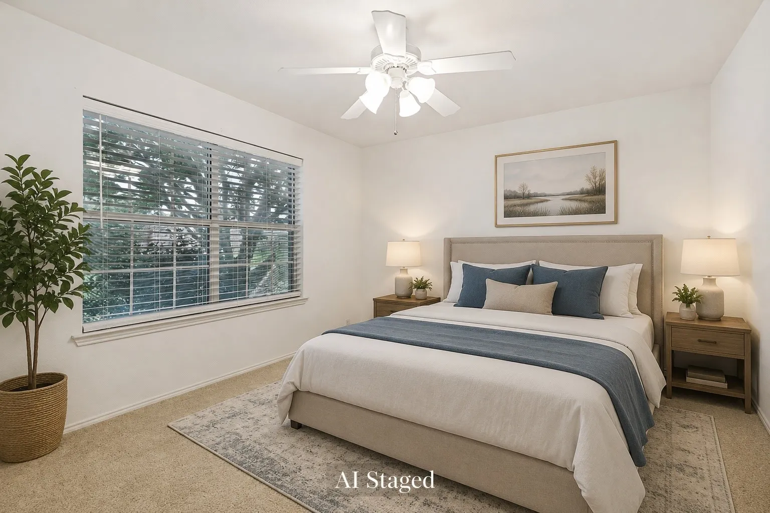 AI Staged - Carpeted room featuring a large window with blinds, a ceiling fan, and white walls