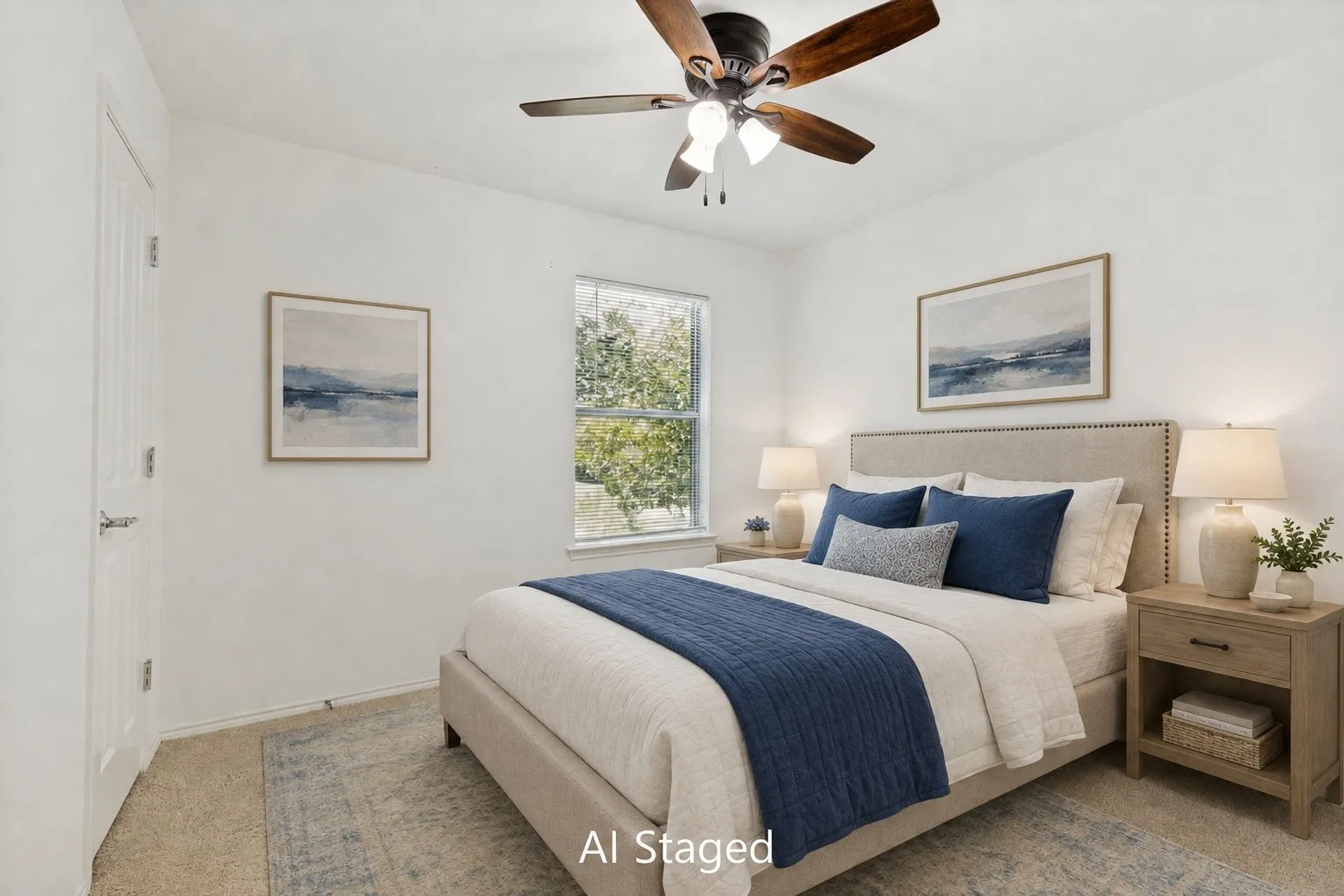 AI Staged Carpeted bedroom featuring a ceiling fan with light fixture, single window, and a white paneled door with brushed nickel hardware