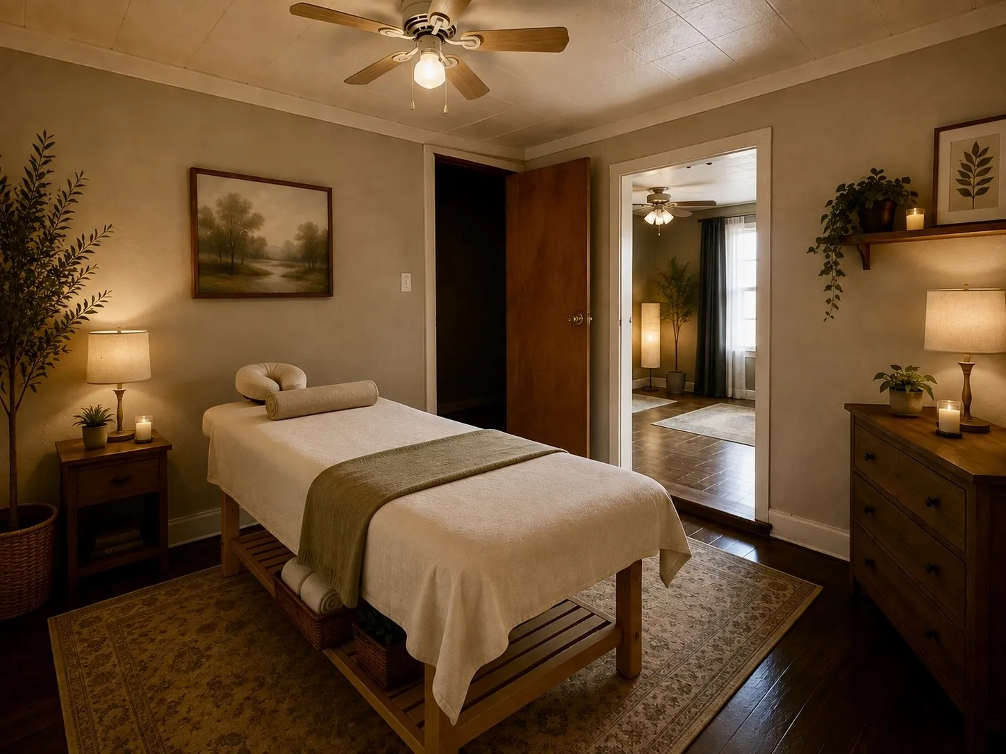 Flexible layout ideal for a massage or wellness practice, offering therapists and clients a more private setting. (This image is virtually staged).