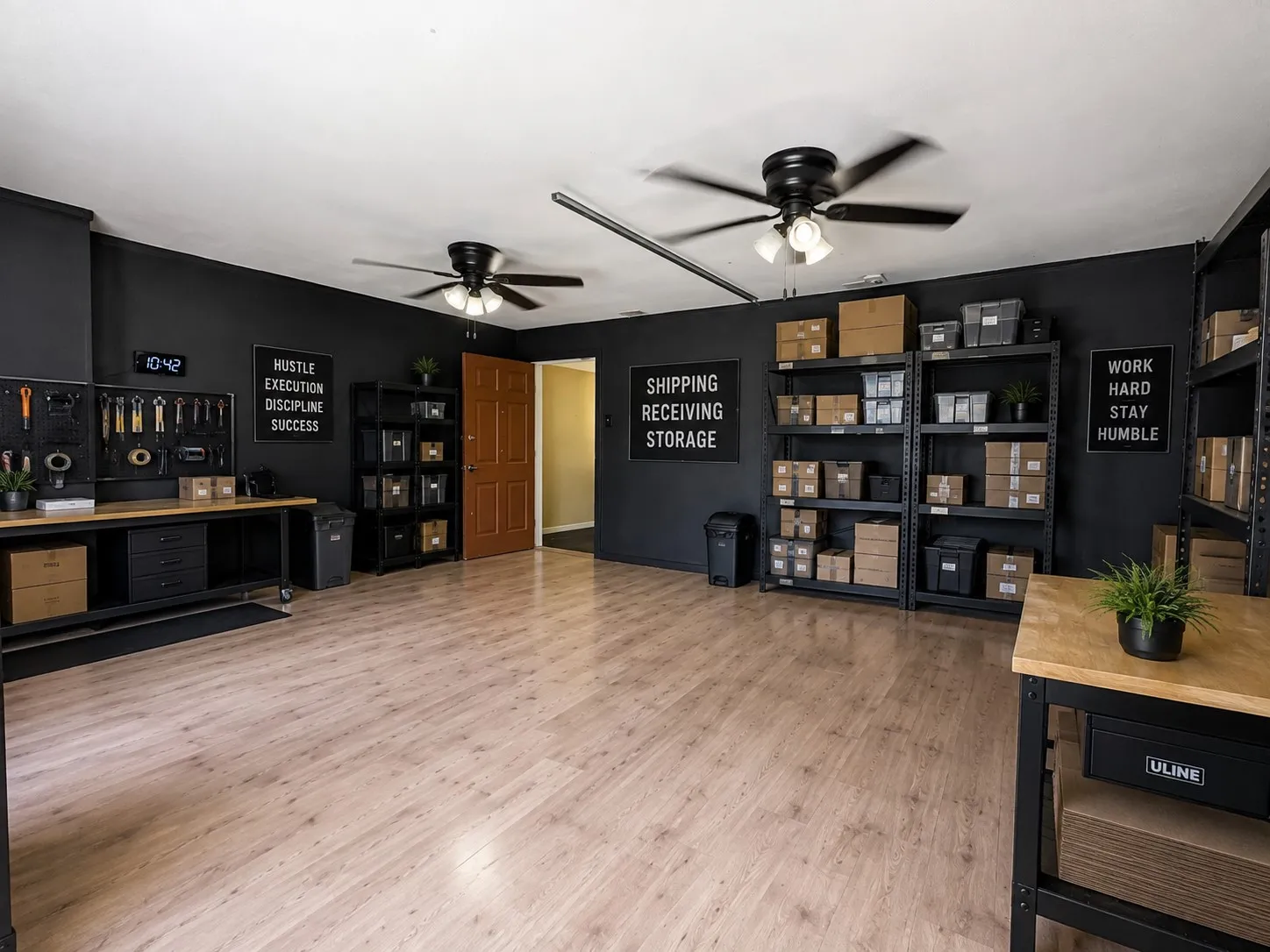 Large flex space ideal for inventory storage, order fulfillment, or warehouse use for a home-based business. (This image is virtually staged).