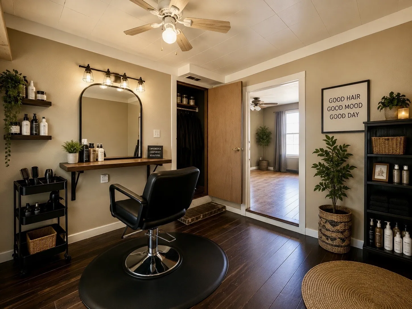 Flexible layout ideal for a boutique salon, offering stylists and clients a more private setting. (This image is virtually staged).