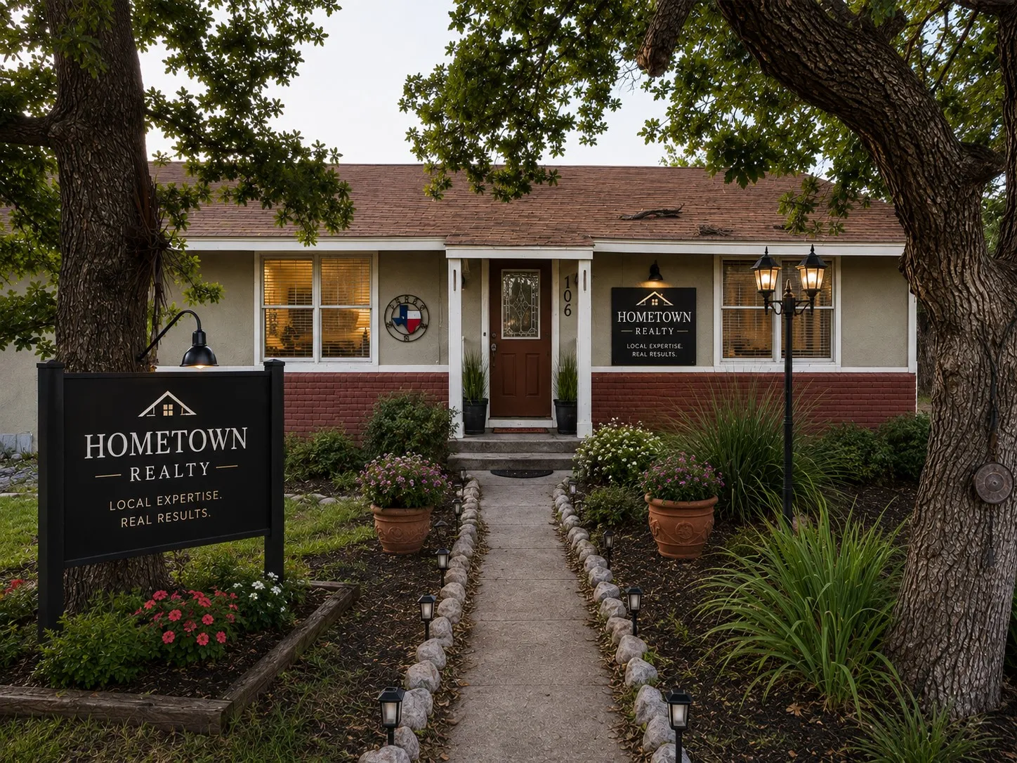 Mature trees provide timeless curb appeal for professional offices. (This photo is created using virtual staging software).
