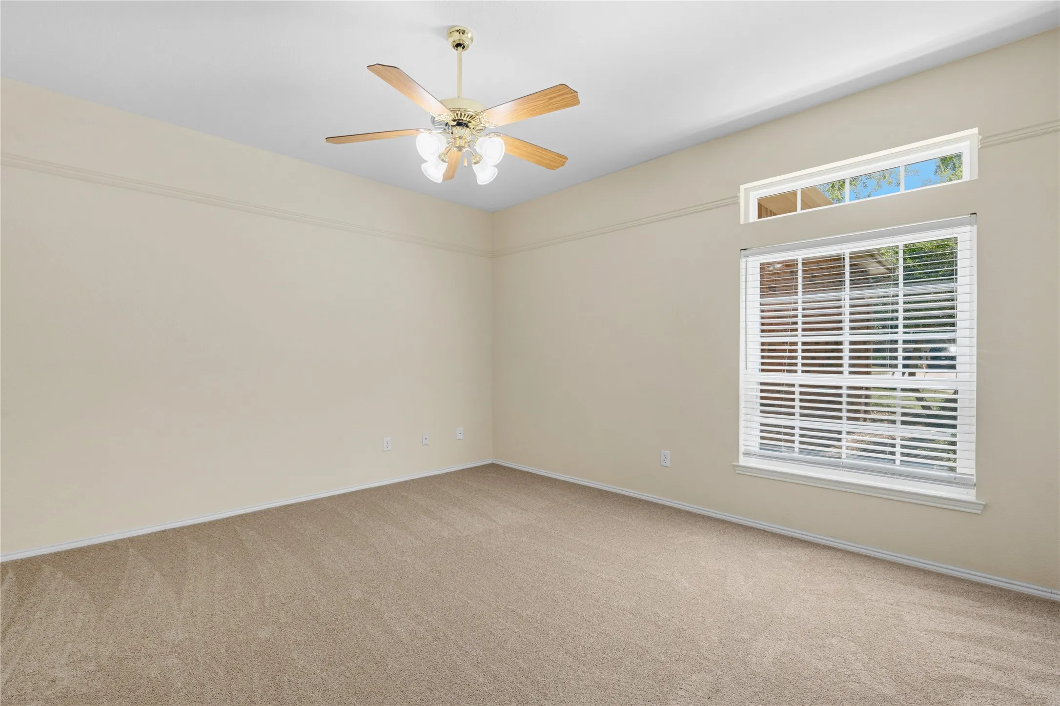 Carpeted room featuring a ceiling fan with integrated lighting, a large window with horizontal blinds, and an upper transom window