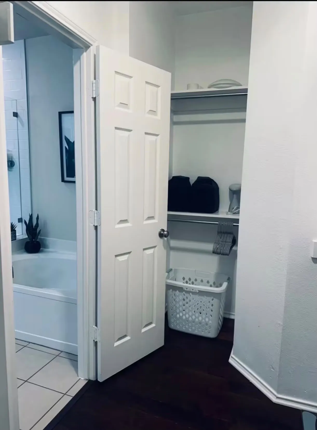 Walk-in closet with built-in shelving, white walls, and wood-finish flooring