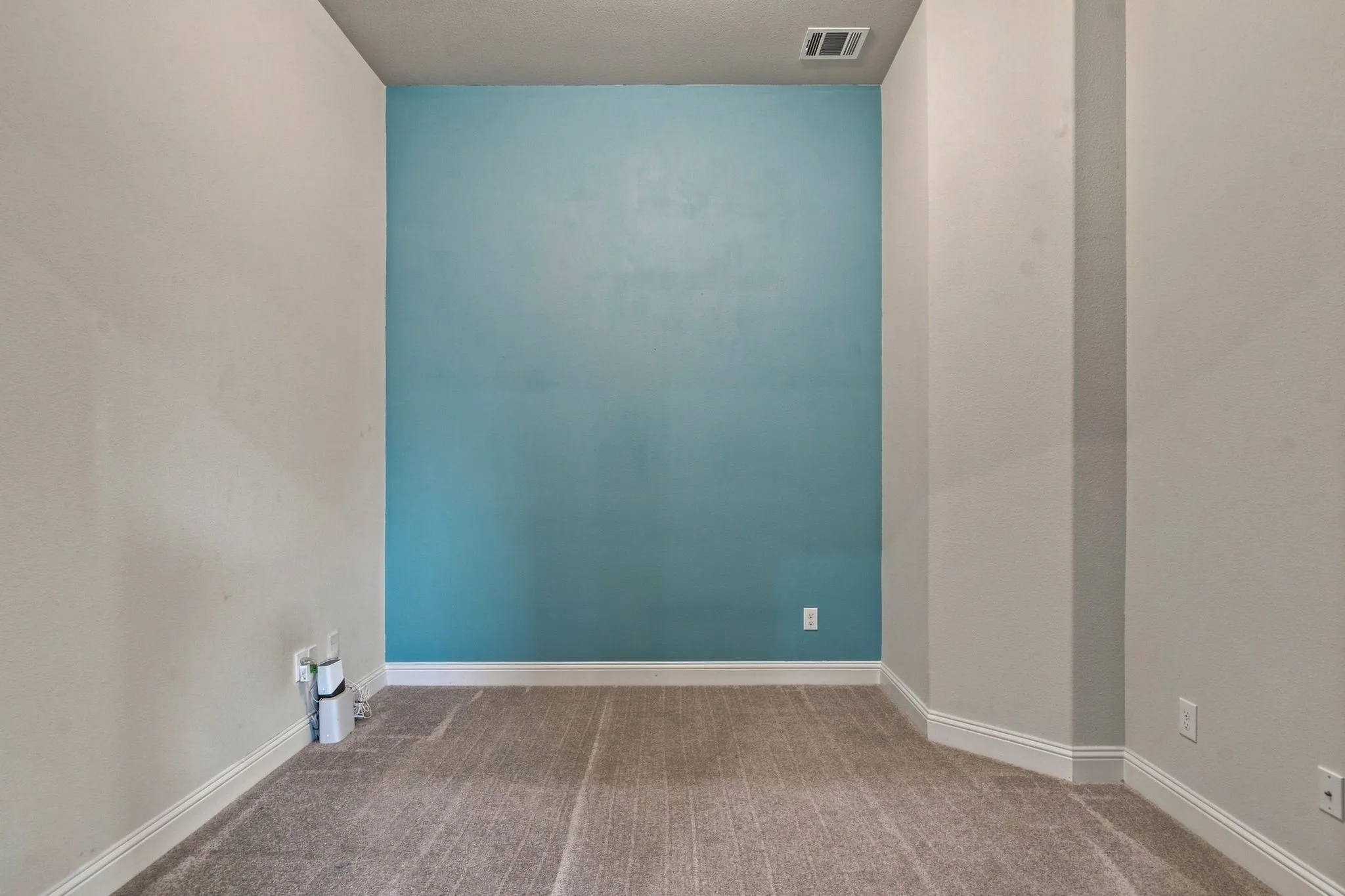 Room featuring a vibrant accent wall, neutral carpeting, and white baseboards
