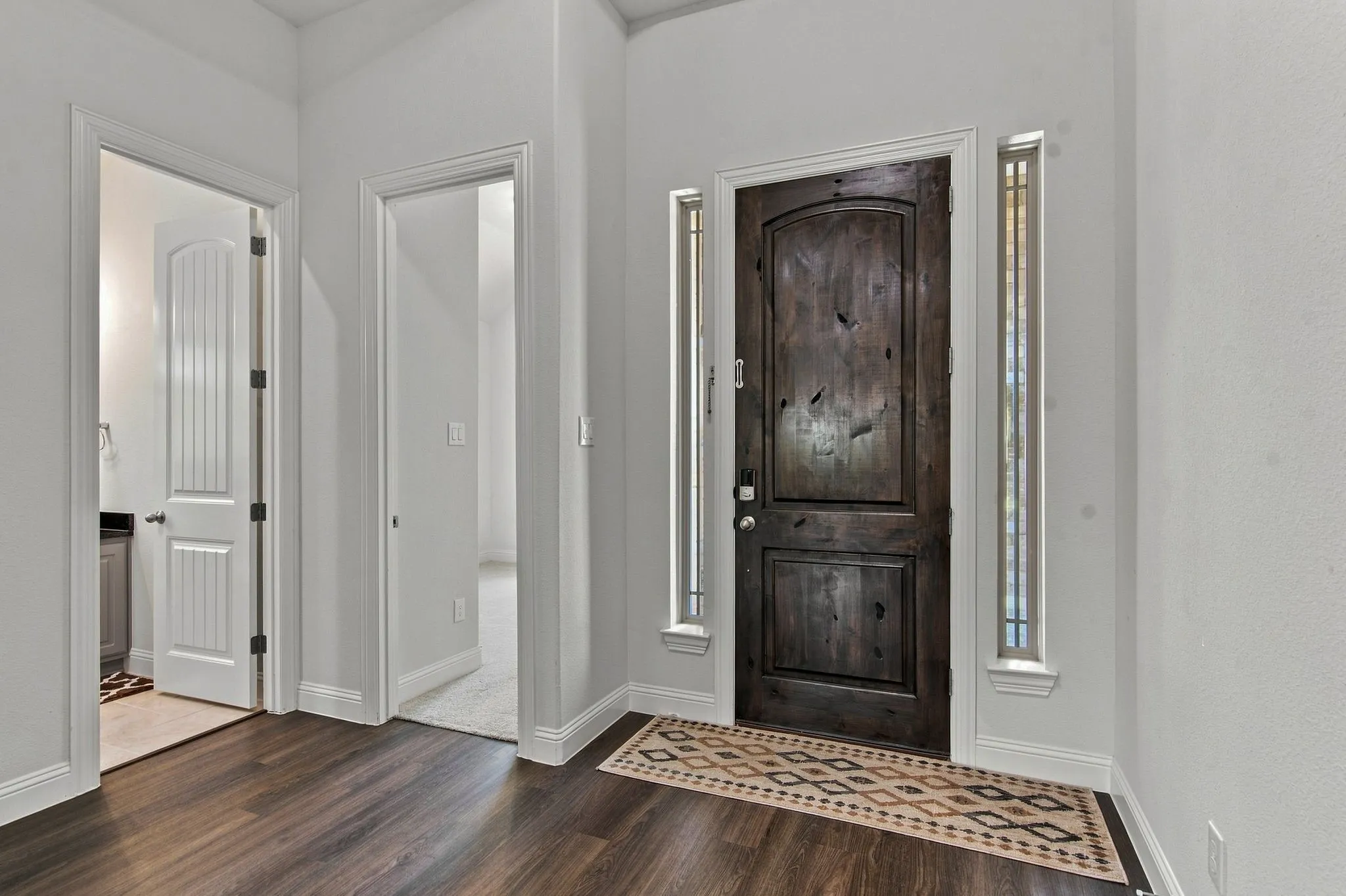 Rich wood-finish flooring complements the dark wood front door, flanked by two narrow sidelight windows