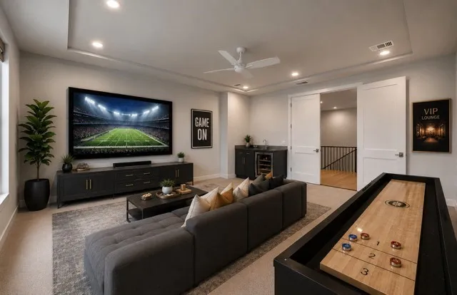 Virtually Staged Game/Media room with Bar
