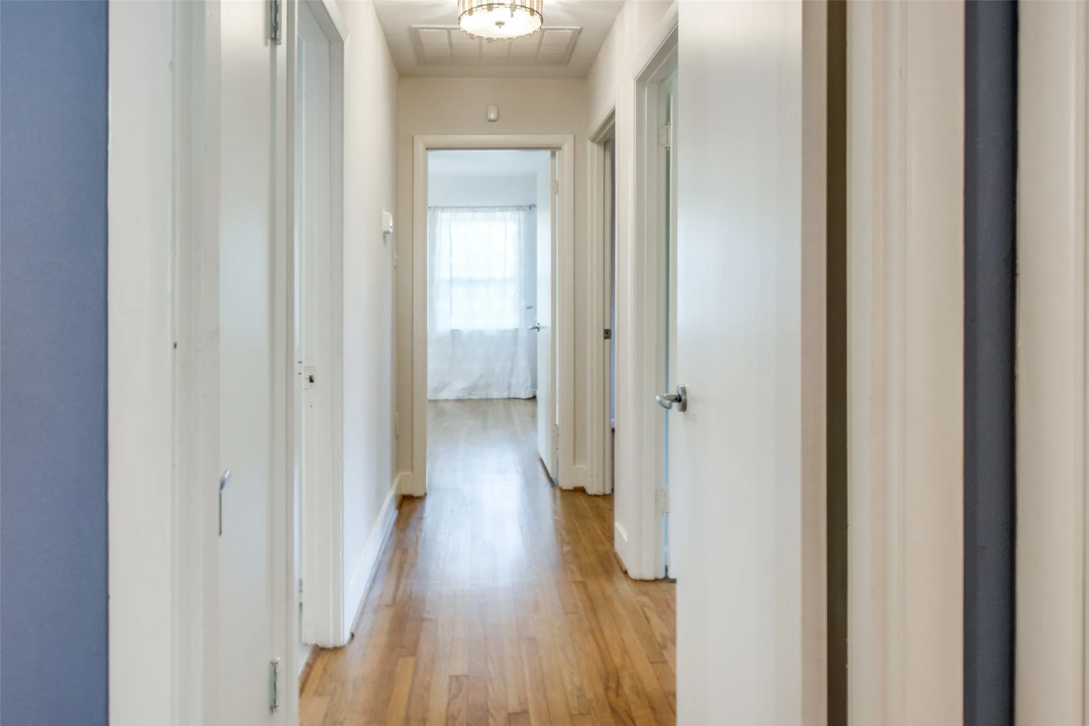Hallway featuring wood-finish flooring, white paneled doors, and a decorative flush-mount ceiling light fixture