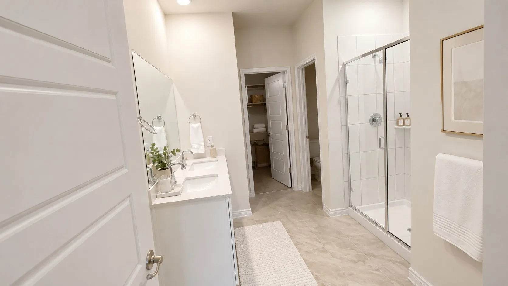 Bathroom featuring a dual vanity with undermount sinks, a frameless glass shower enclosure with white subway tile, and light-toned floor tiling