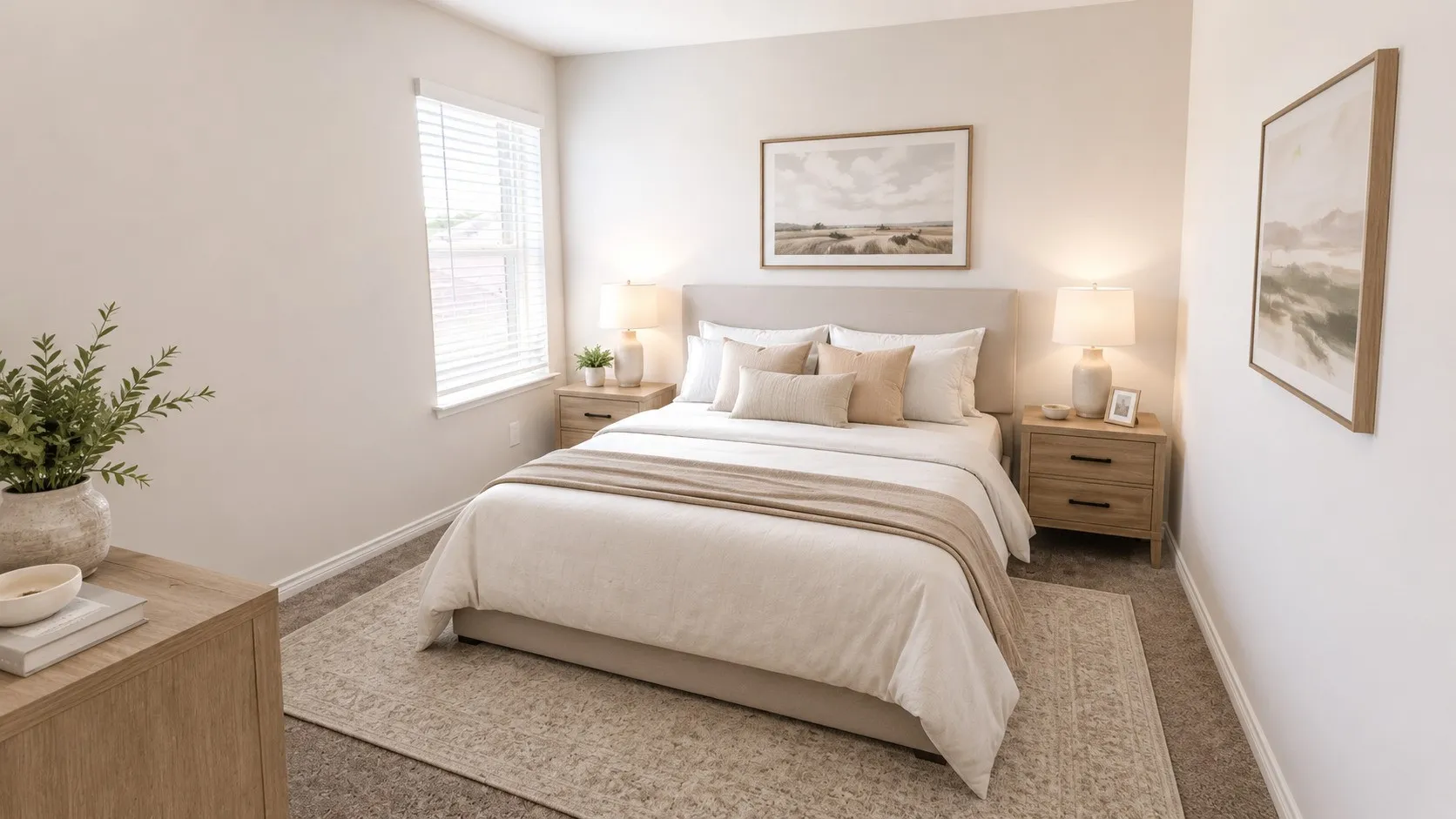 Carpeted room with a window featuring horizontal blinds