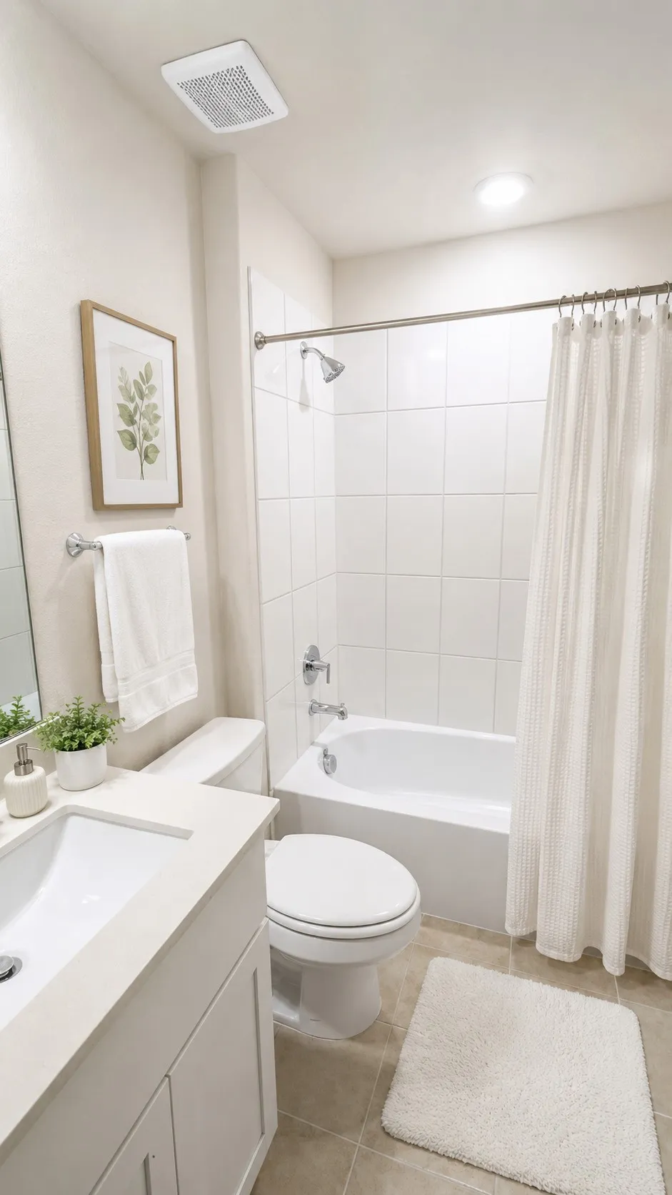 Full bathroom featuring a white vanity with an integrated sink, a white toilet, and a white tub/shower combination with white tile surround