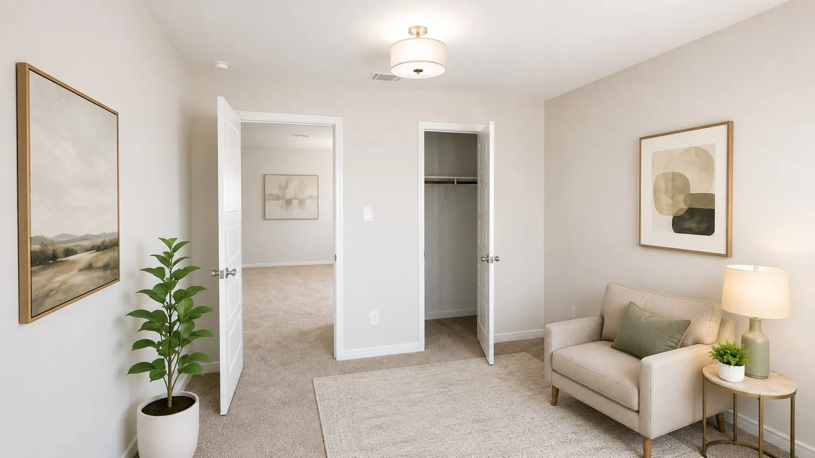 Carpeted room featuring light-toned walls and a flush-mount ceiling light fixture