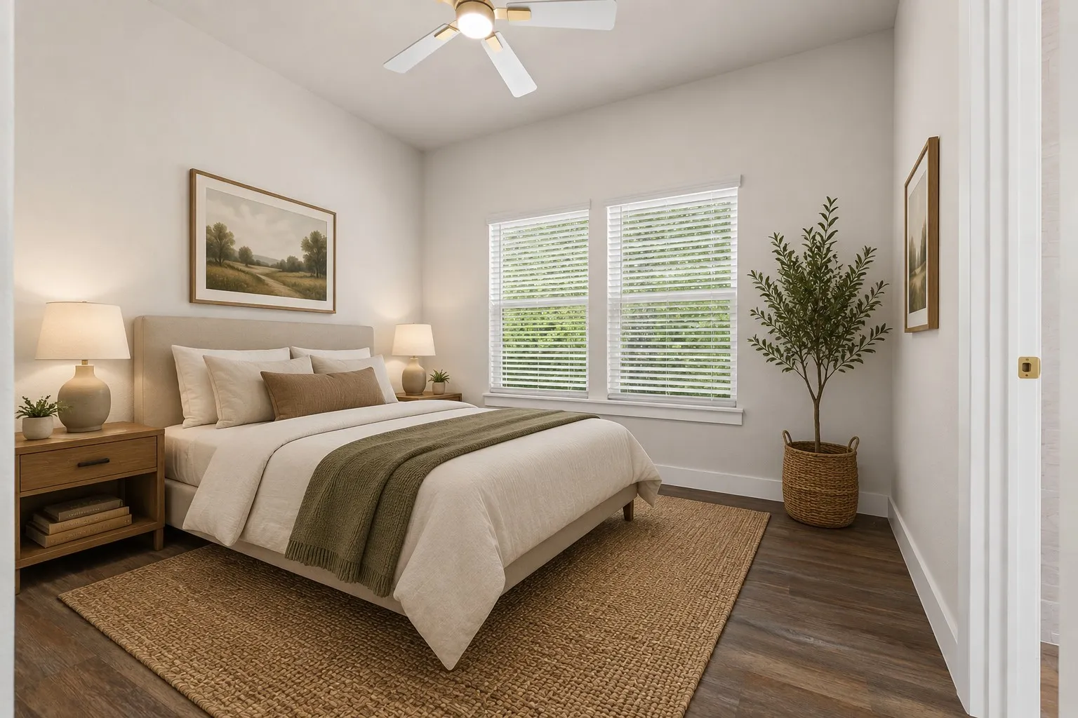 Bedroom featuring wood-finish flooring, a ceiling fan, and white window blinds