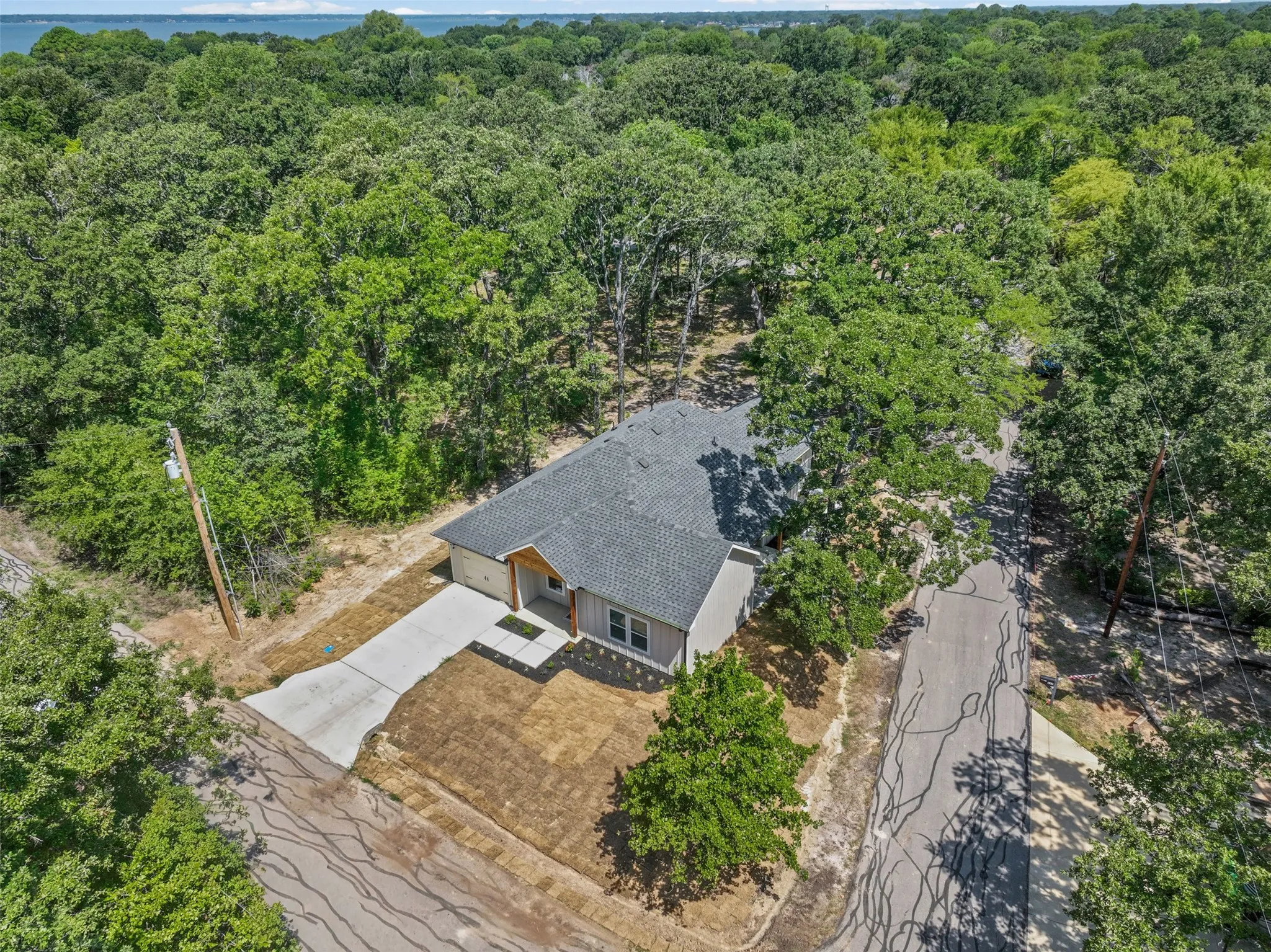 Single-story residence featuring a gray shingle roof, light-toned siding, and a covered entry porch