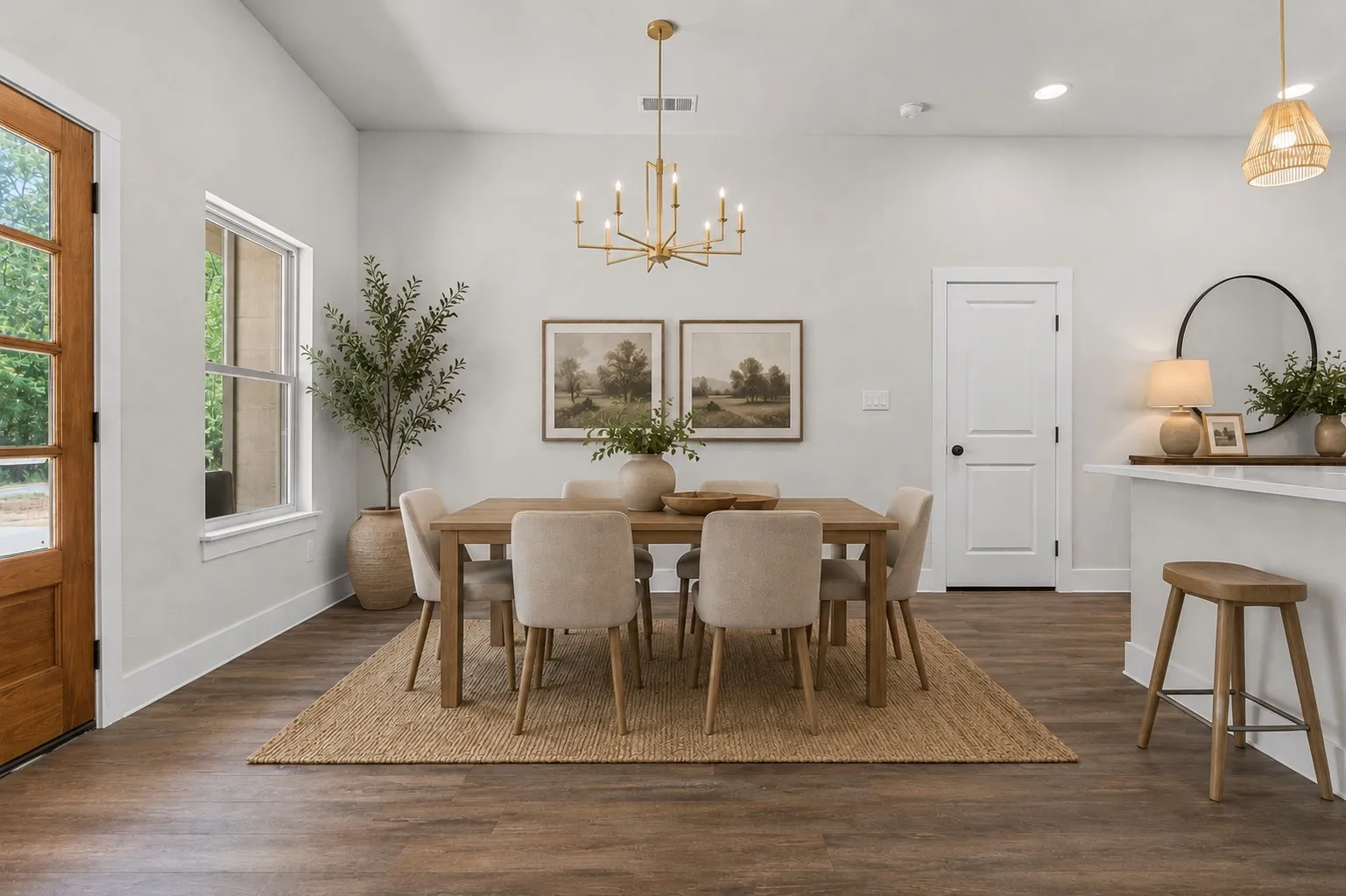 Dining area with wood-finish flooring, a contemporary chandelier, and a large window