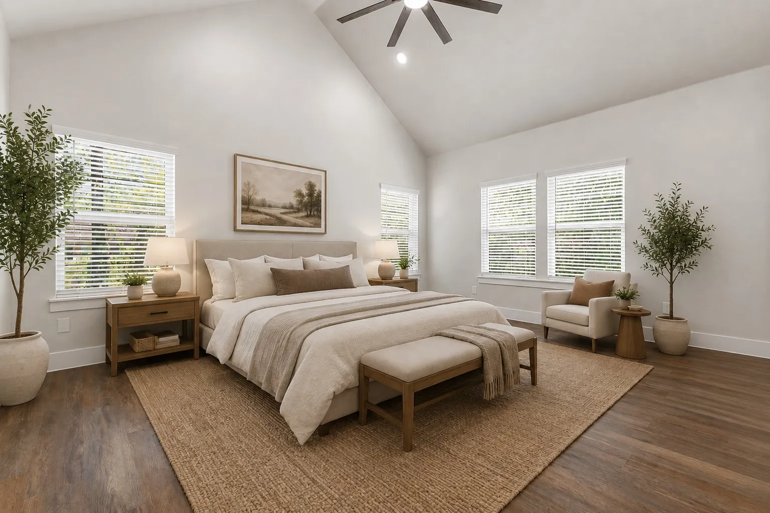 Interior bedroom featuring a vaulted ceiling with a ceiling fan, wood-finish flooring, and multiple windows with blinds