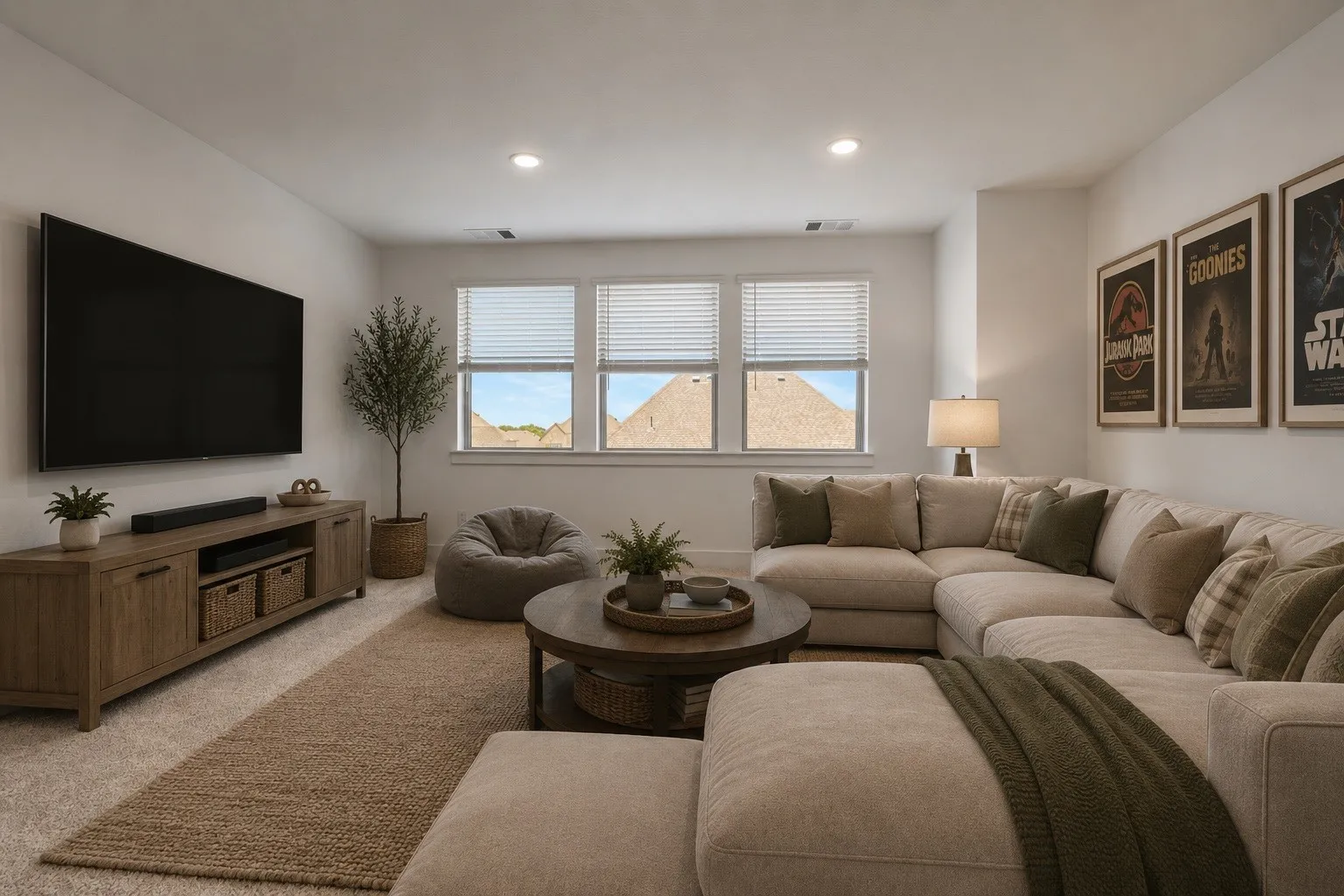 Virtually Staged - Media room located on second floor with TV mount and 2 storage closets.