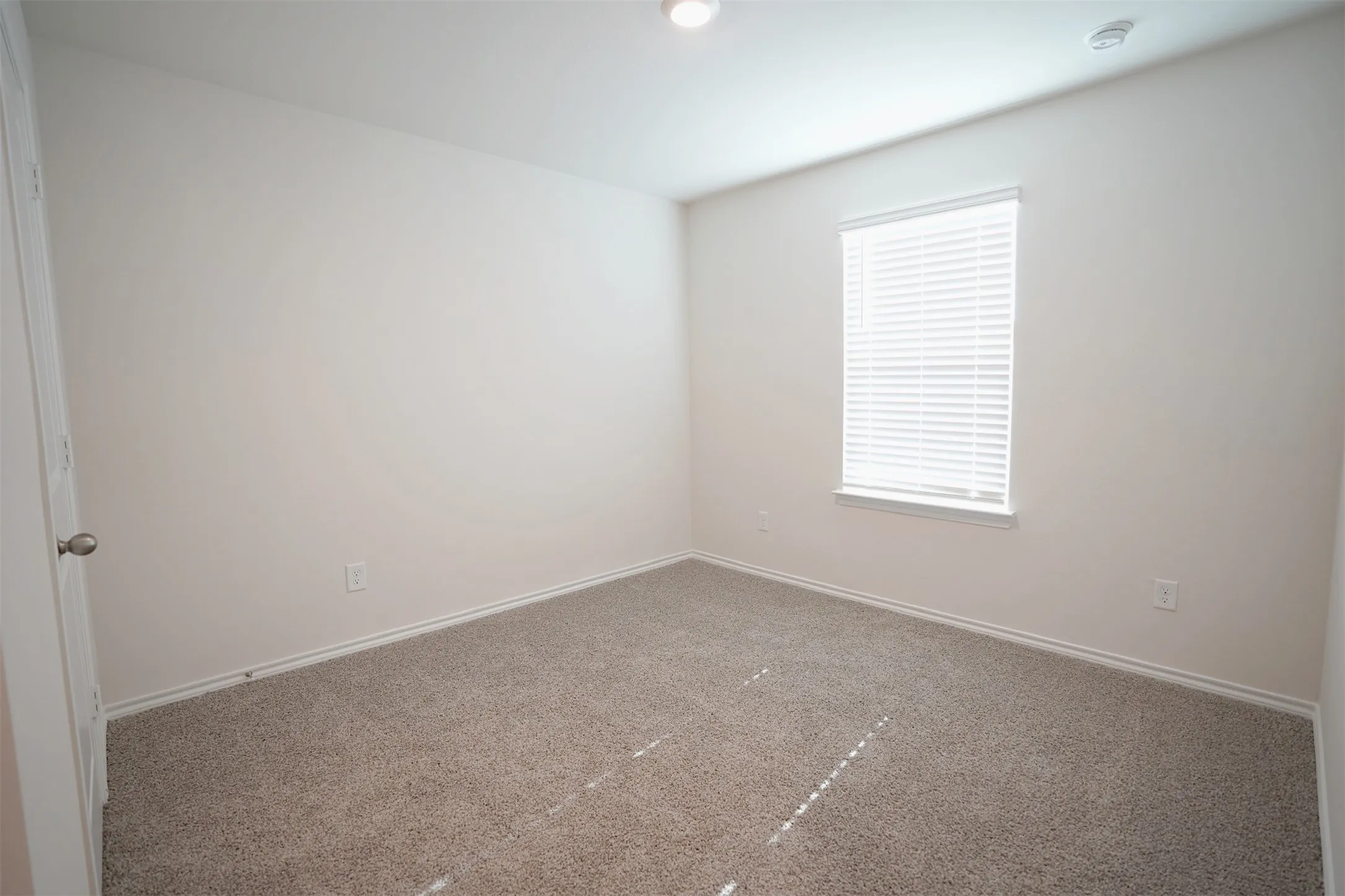 Neutral-toned carpeting paired with white walls, baseboards, and trim