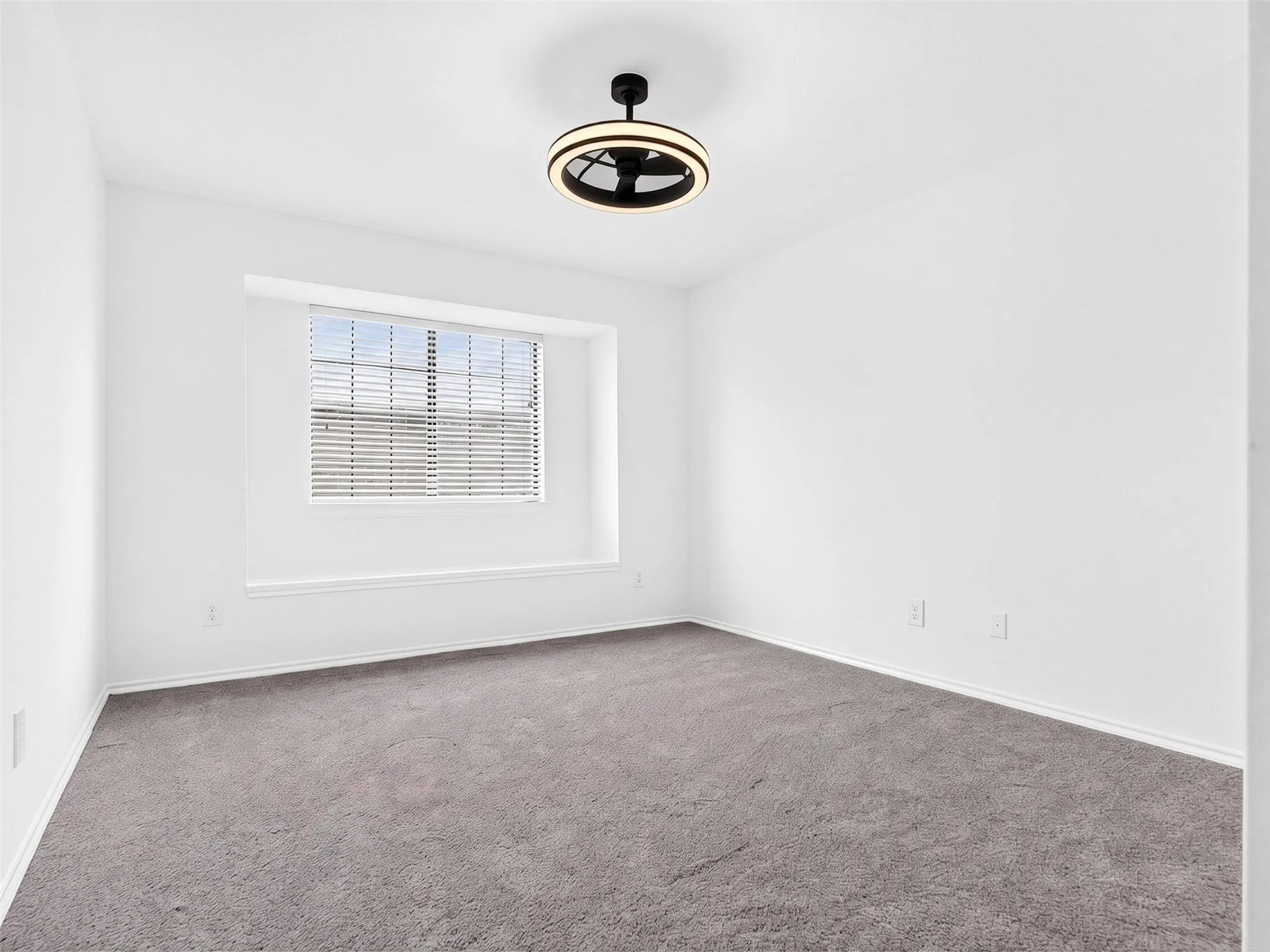 Room featuring gray carpet, white walls, and a window with horizontal blinds