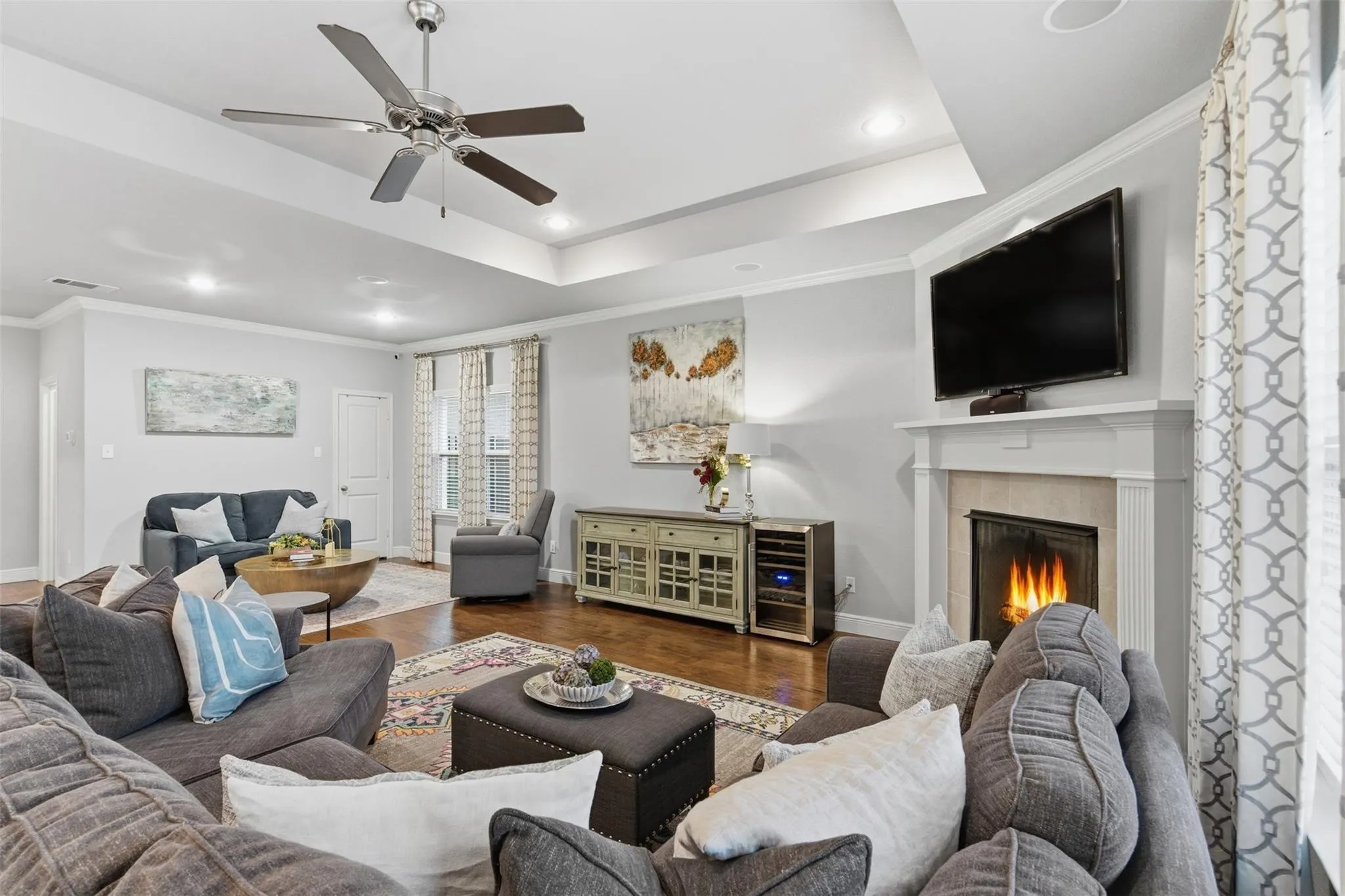 Gorgeous flooring, lighting, and gas fireplace
