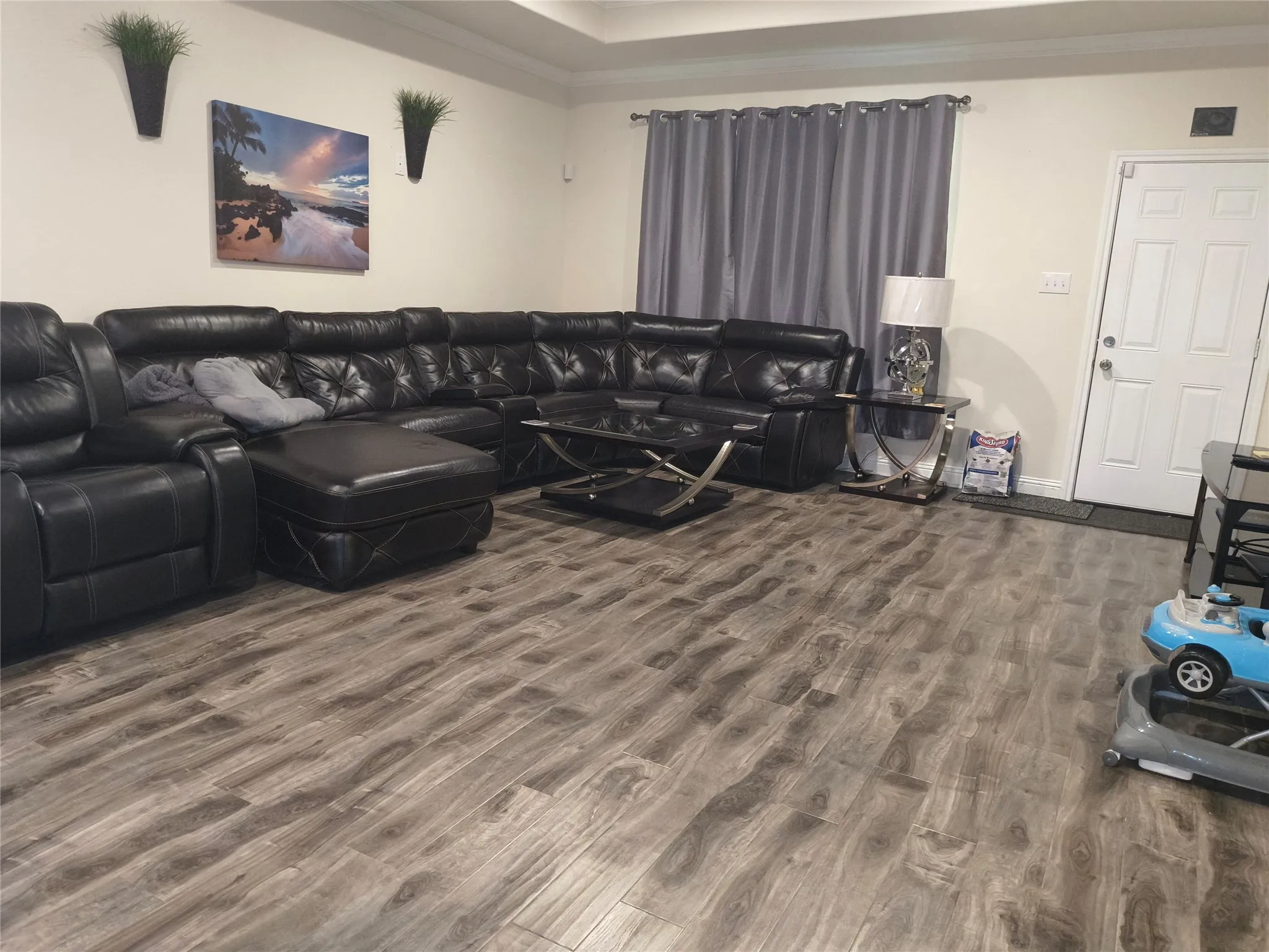 Spacious room featuring wood-finish flooring, light neutral wall paint, and a white paneled entry door