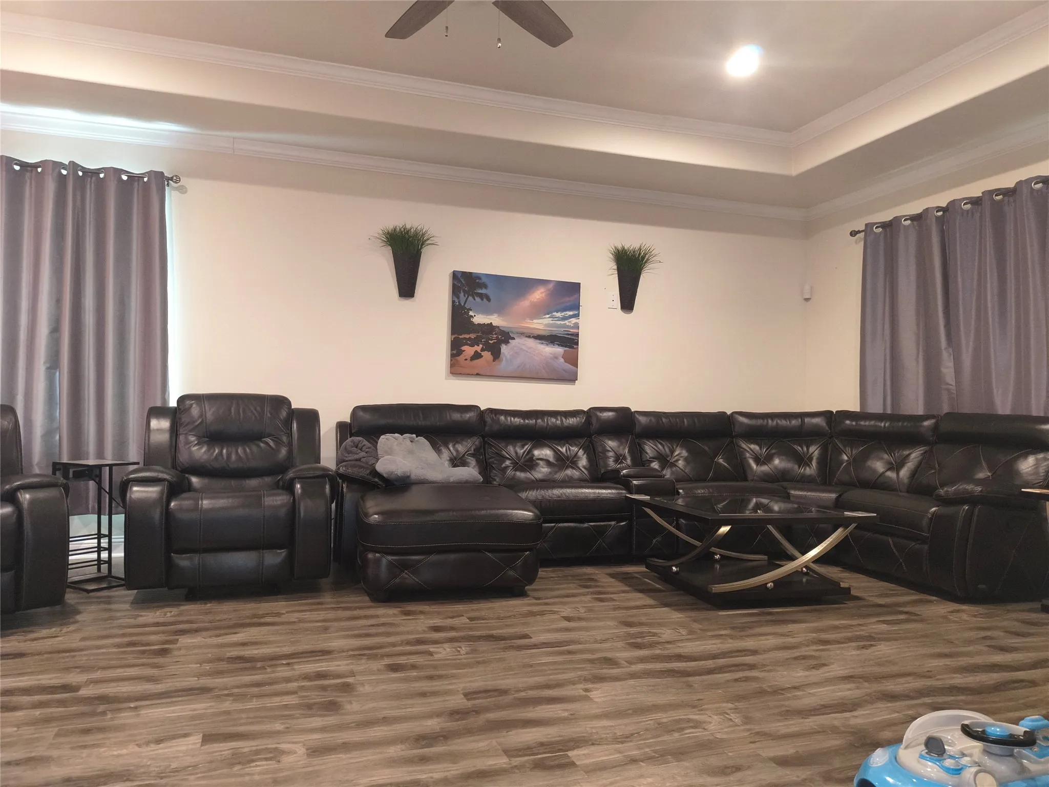 Spacious living area featuring wood-finish flooring, a tray ceiling, and crown molding