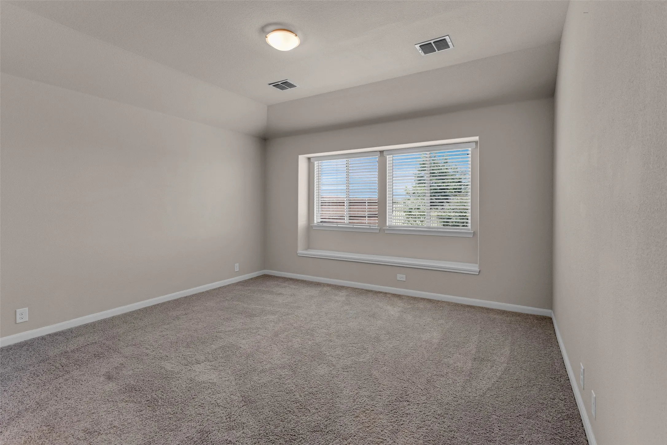 Spacious room featuring neutral carpeting, light-toned wall finishes, and a tray ceiling