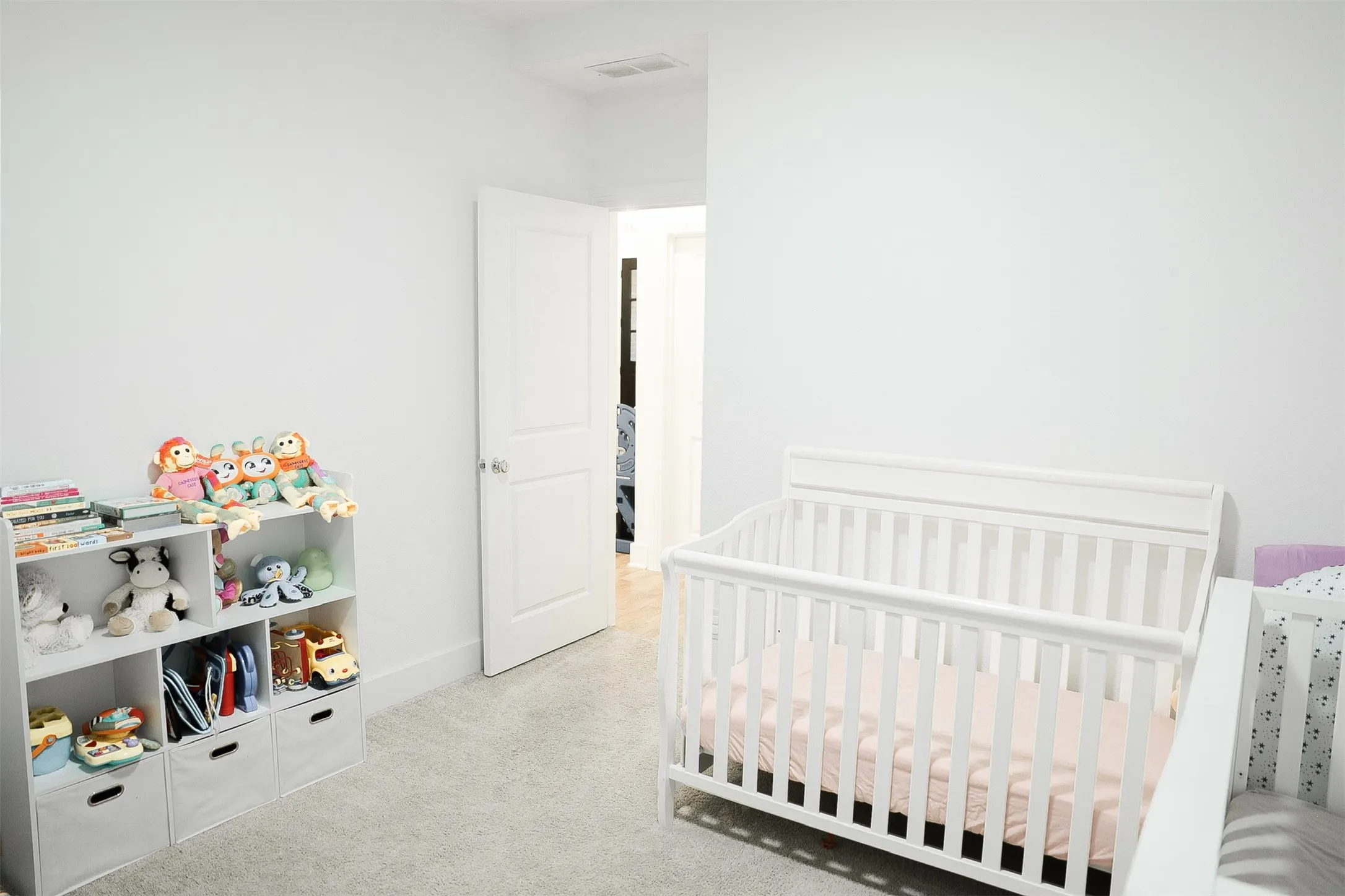 Neutral white wall paint, light gray carpeting, and a white two-panel interior door