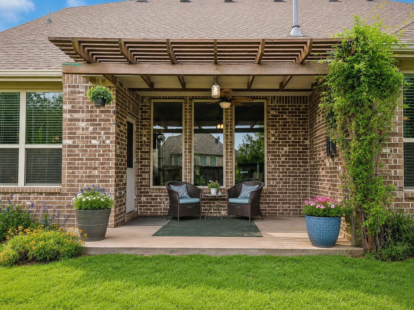 Brick exterior featuring a covered patio with a wood pergola, and ceiling fan