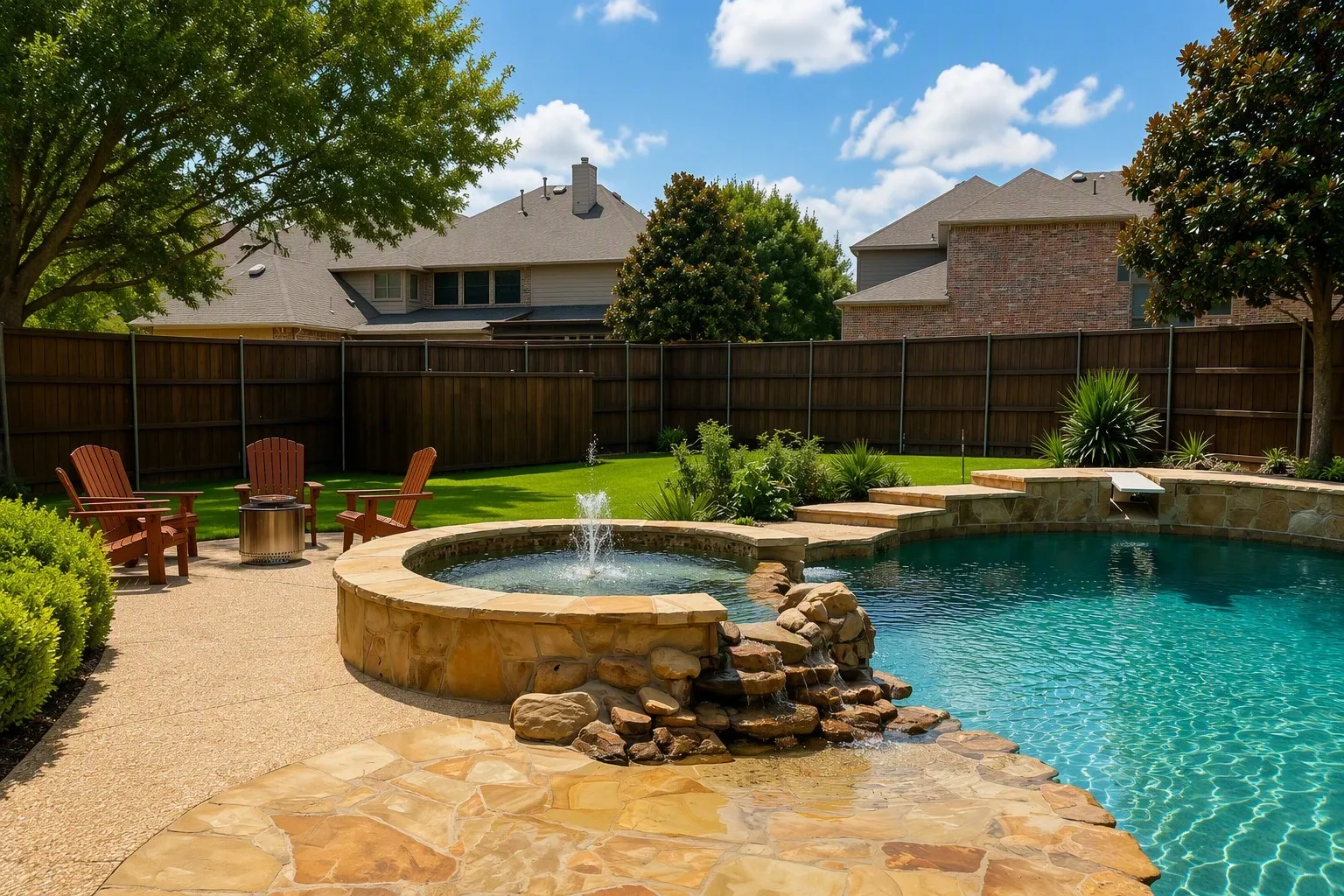 Backyard oasis featuring a resort-style swimming pool, integrated spa with fountain, and natural stone waterfall