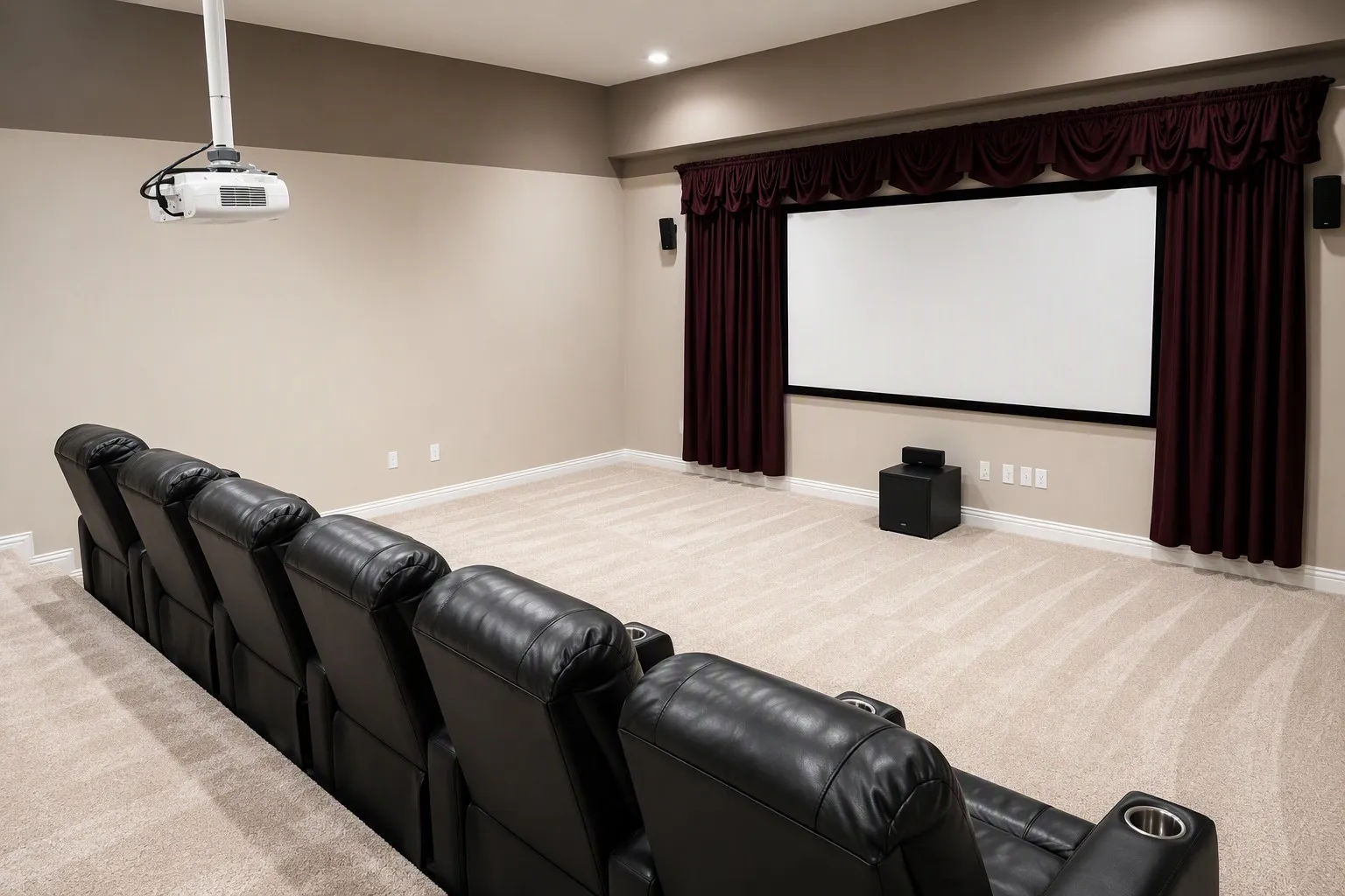 Dedicated media room featuring a large projection screen, wall-mounted speakers, and a ceiling-mounted projector