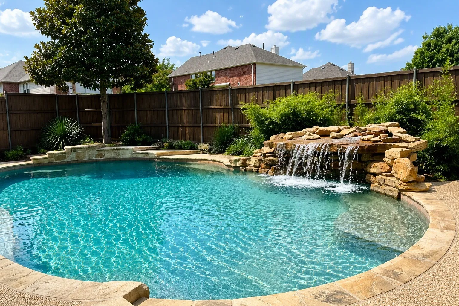 Resort-style backyard featuring a freeform swimming pool with stone coping, a rock waterfall, and a surrounding privacy fence