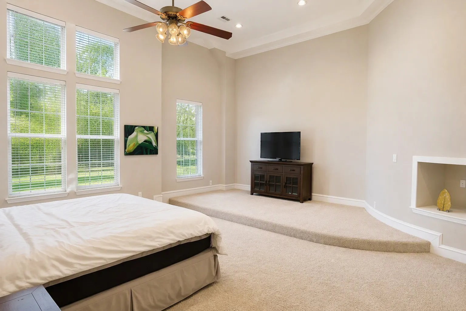 Carpeted interior space featuring a tiered floor plan, recessed wall niche, and multiple windows