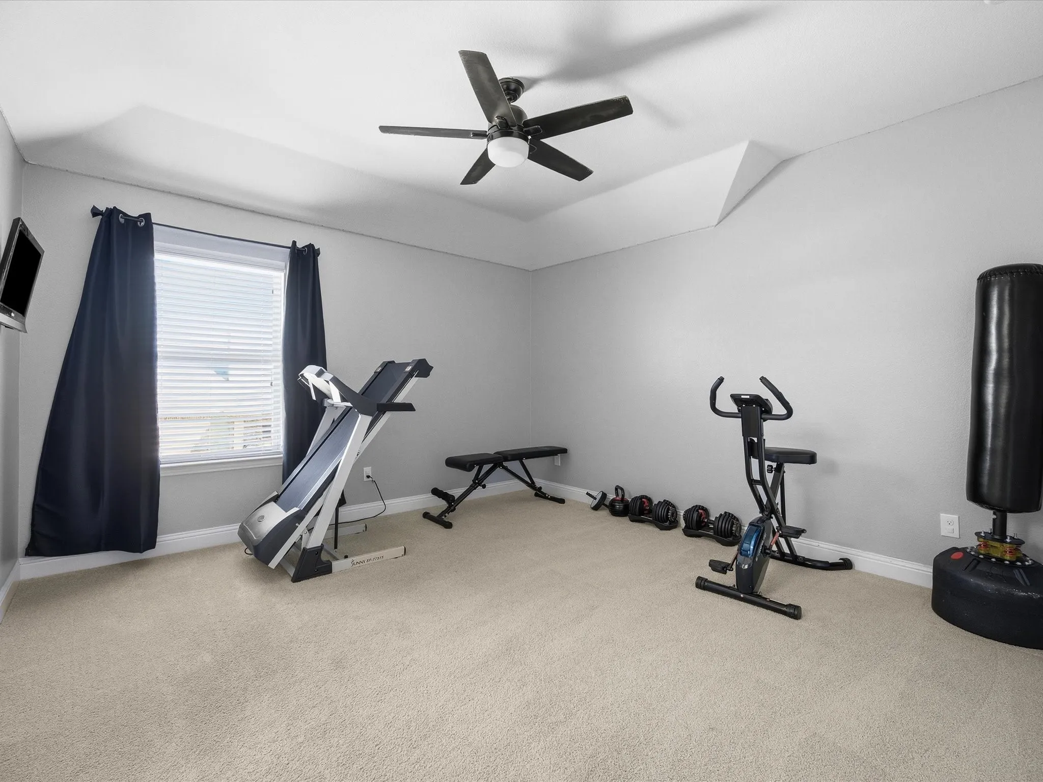 Exercise room featuring light carpet, ceiling fan, and vaulted ceiling