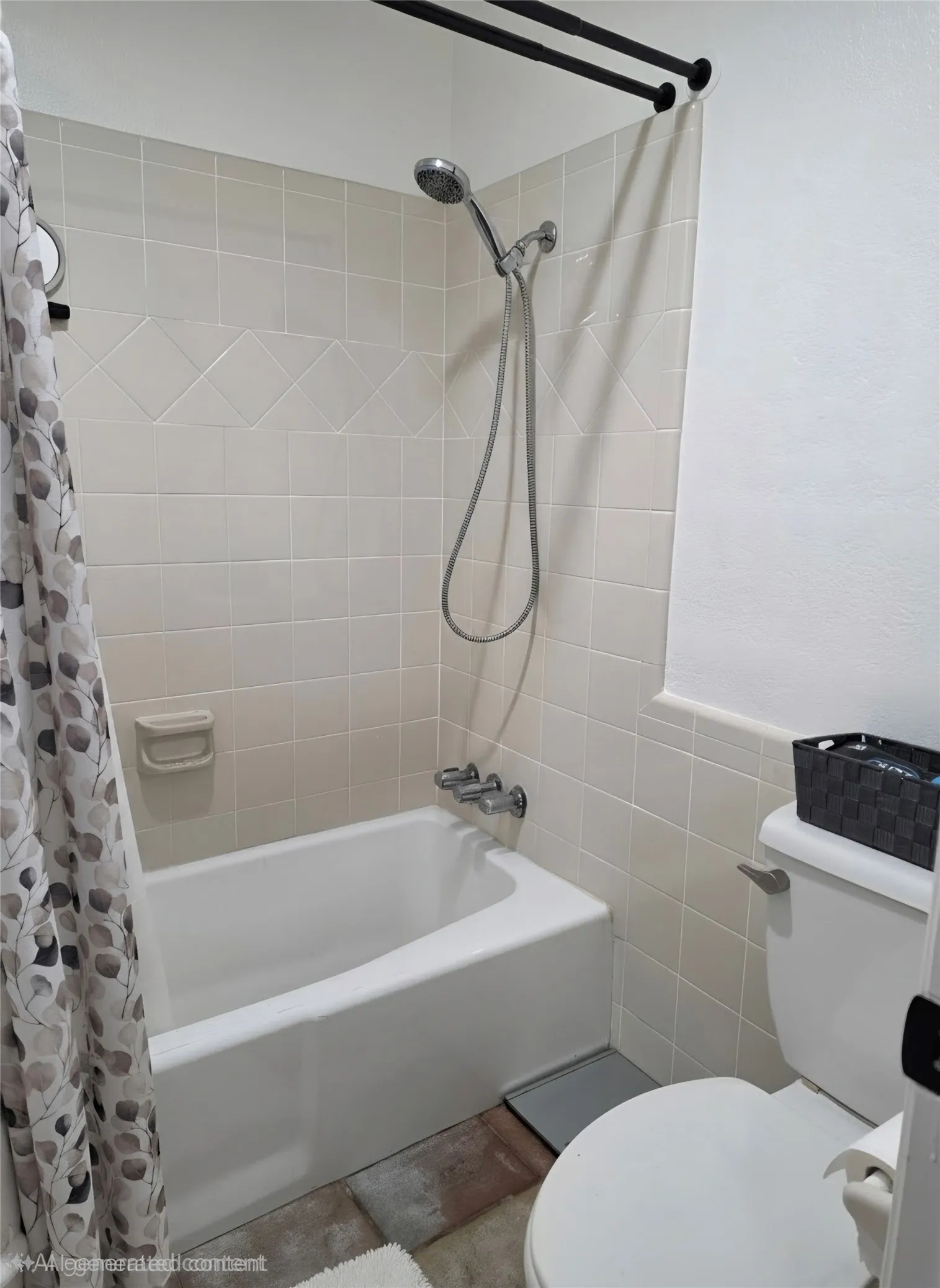 White bathtub with a handheld showerhead, surrounded by light-toned wall tiling, including a decorative diagonal tile border