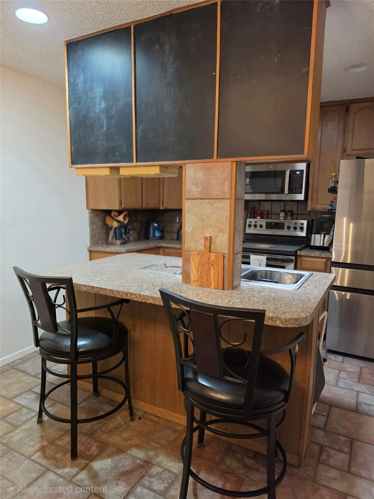 Kitchen featuring a breakfast bar with a built-in sink, wood-finish cabinetry, and stainless steel appliances