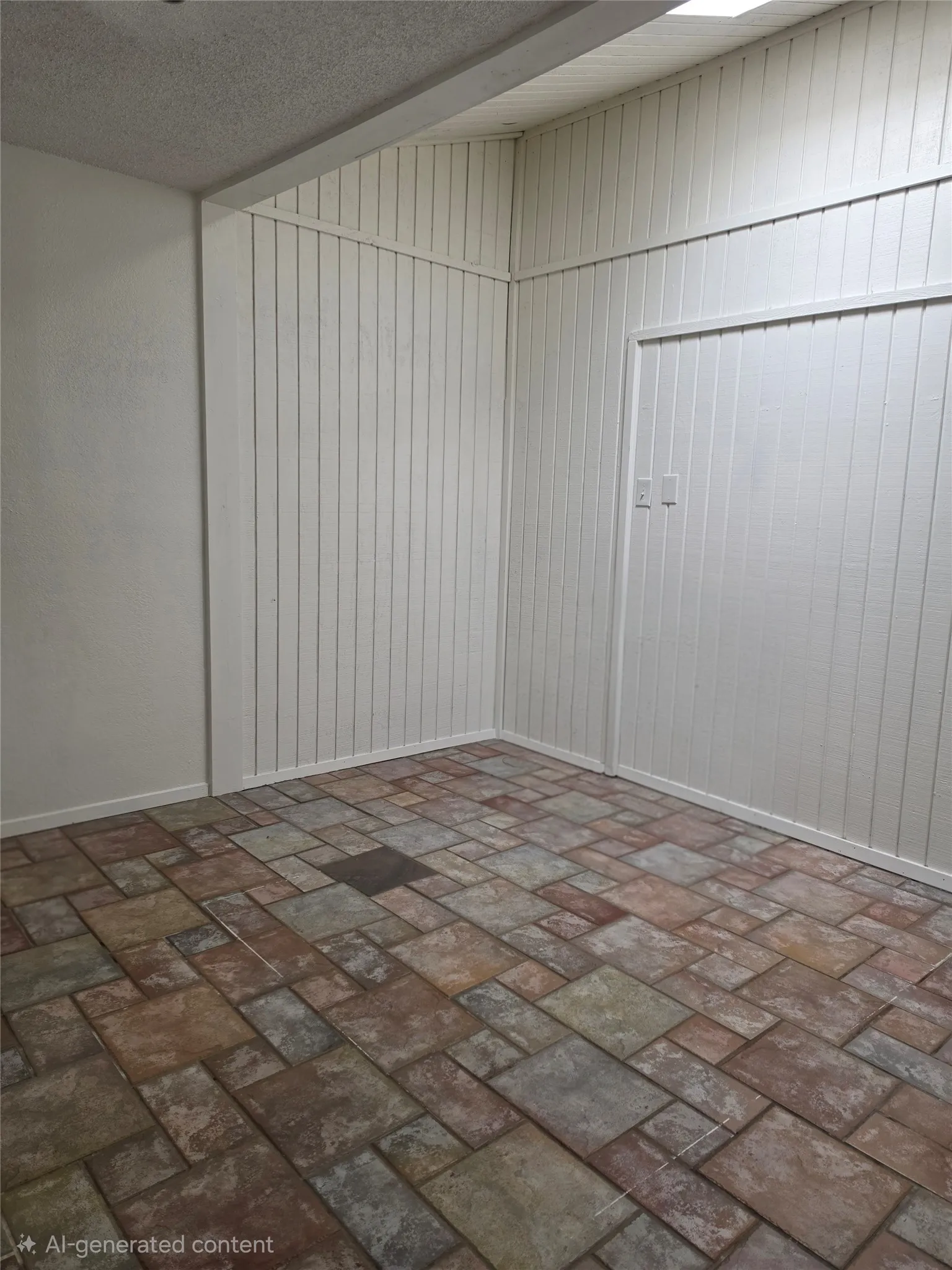 Multi-toned tile flooring, white vertical plank wall paneling, and a skylight