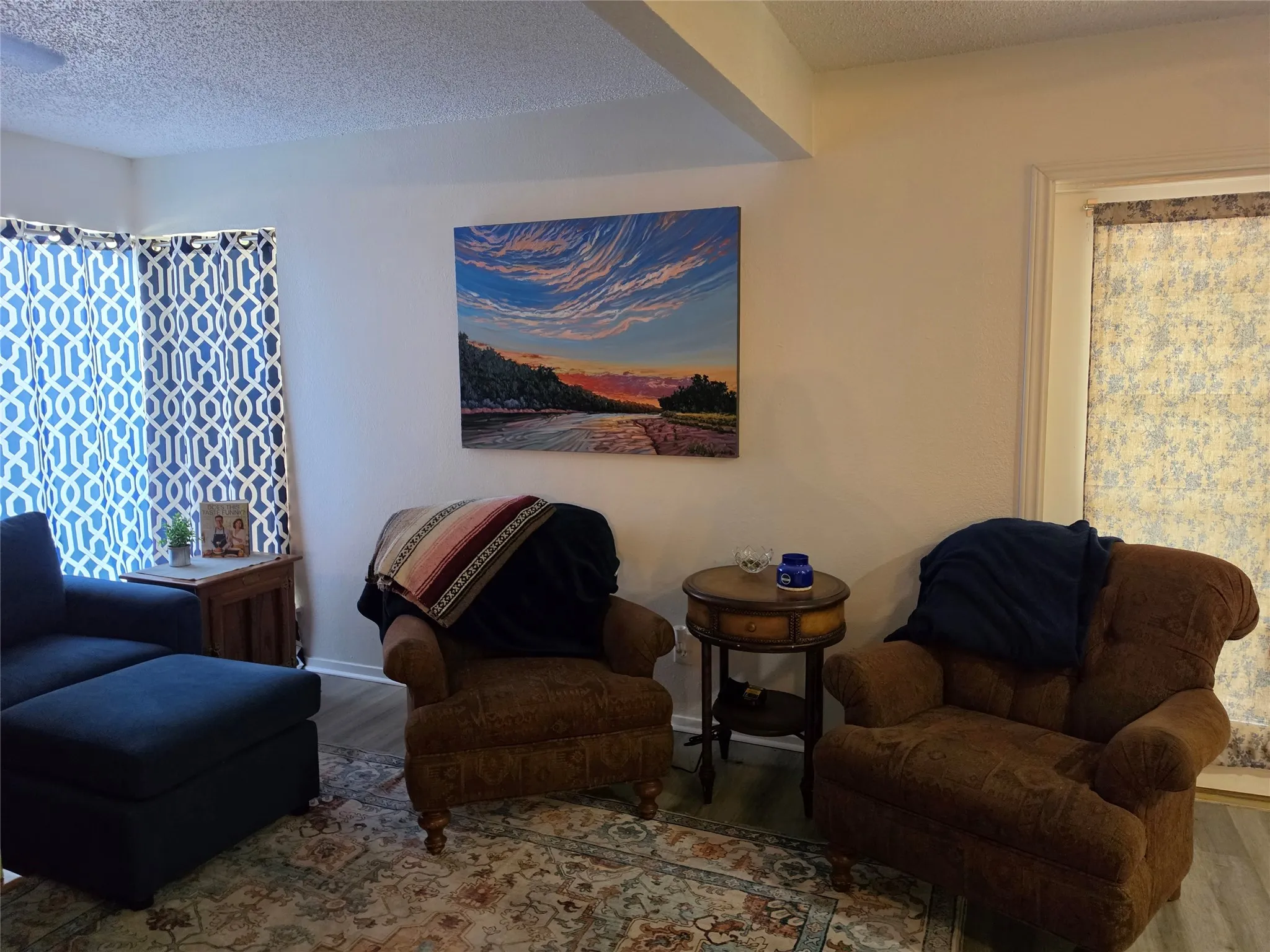Living area with light-toned walls, wood-finish flooring, and a patterned area rug
