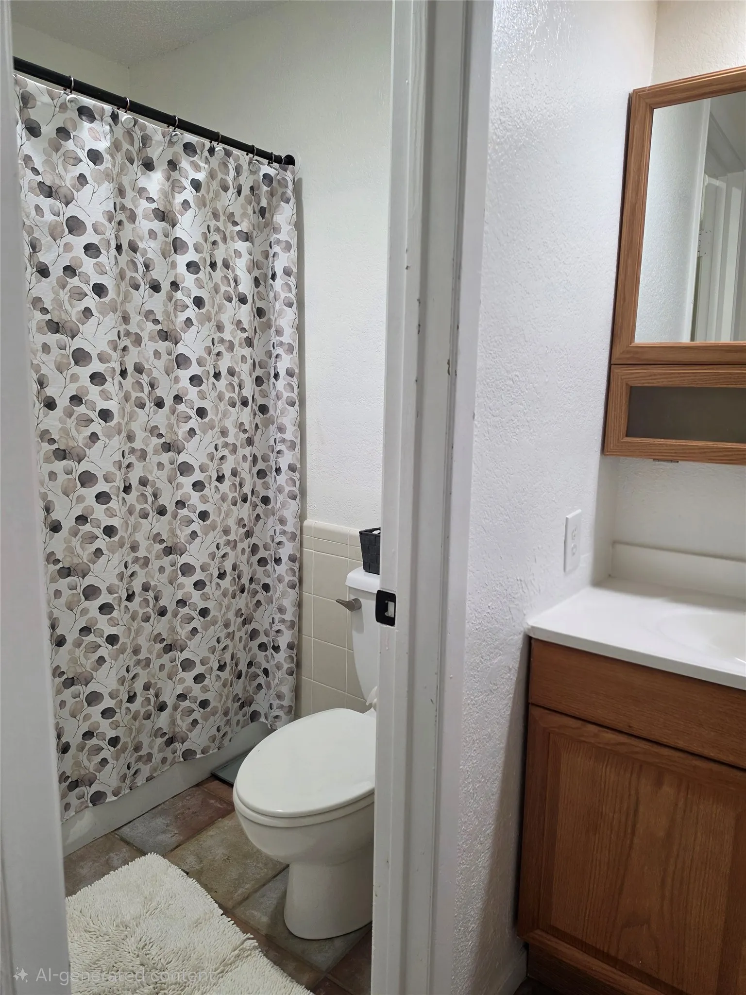 Bathroom featuring a shower/tub combination, tile flooring, a wood-finish vanity with a white countertop, and a medicine cabinet with integrated mirror
