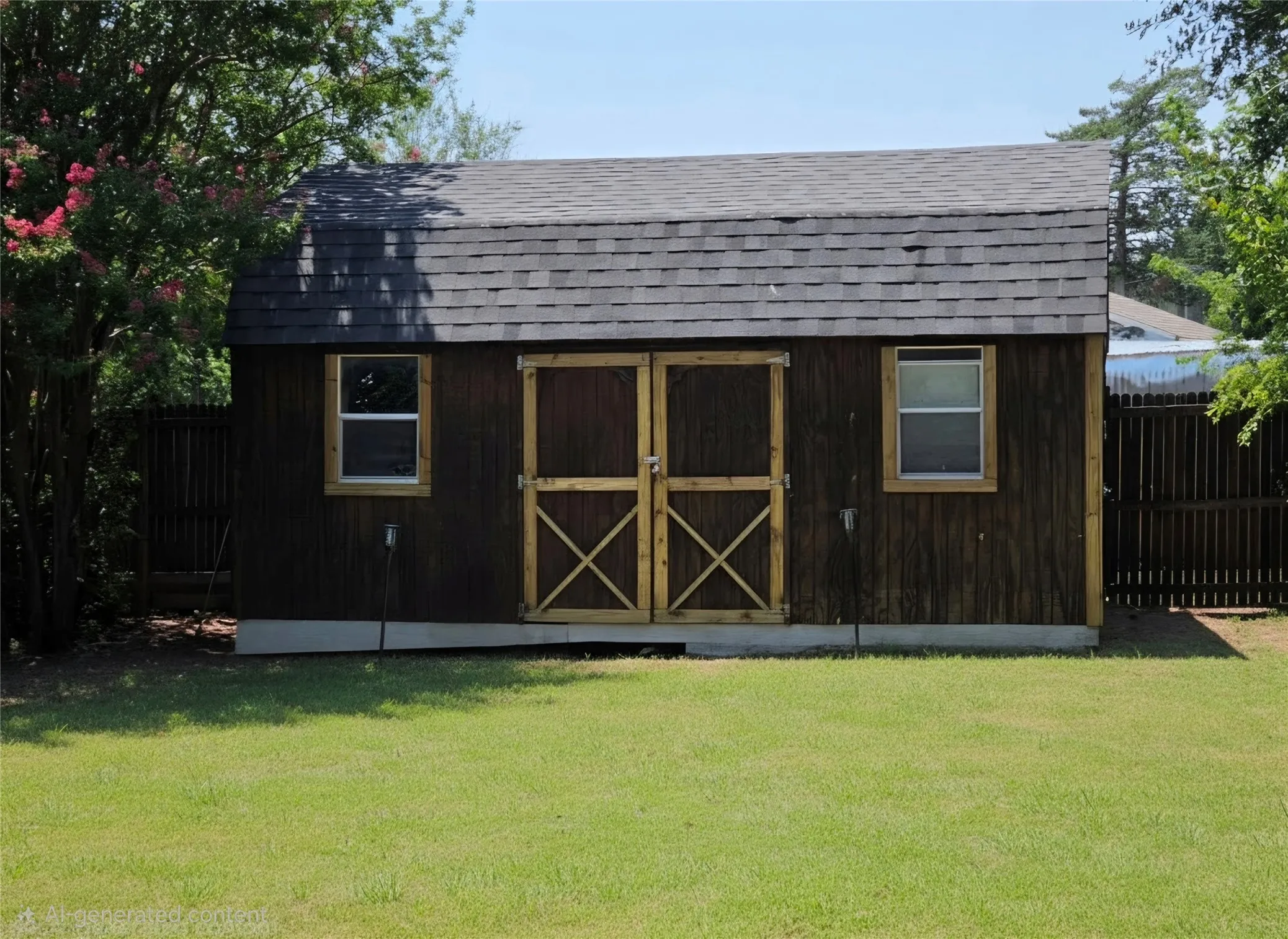Wood-sided storage building featuring a shingled roof, double entry doors with X-bracing, two windows, and a concrete foundation